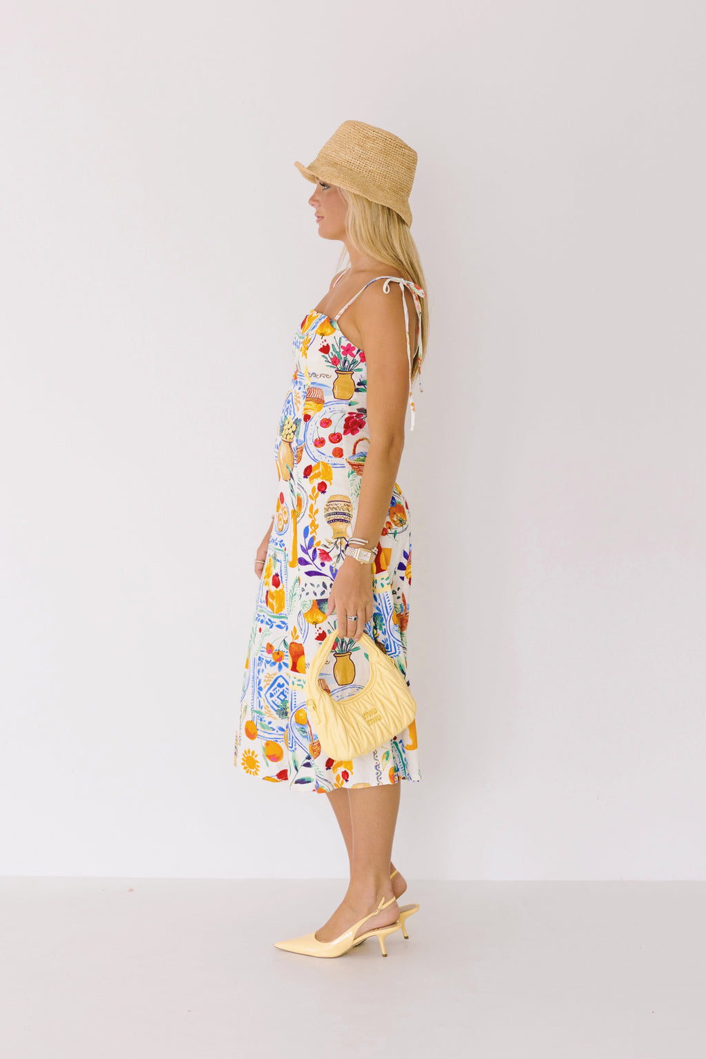 Ellie Shoulder Tie Midi Dress - Cream/Multi