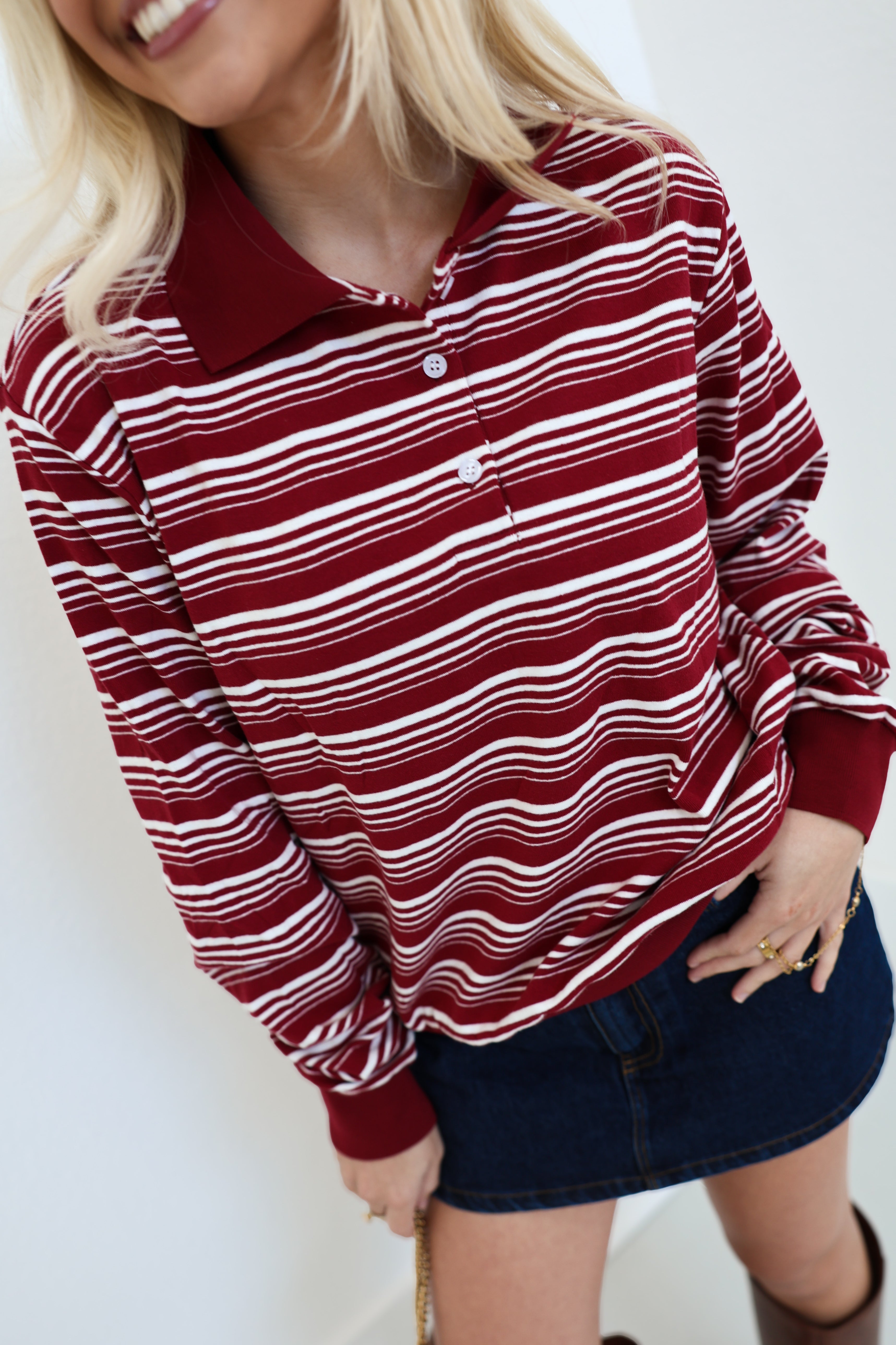 Riley Striped Polo Long Sleeve Top - Burgundy