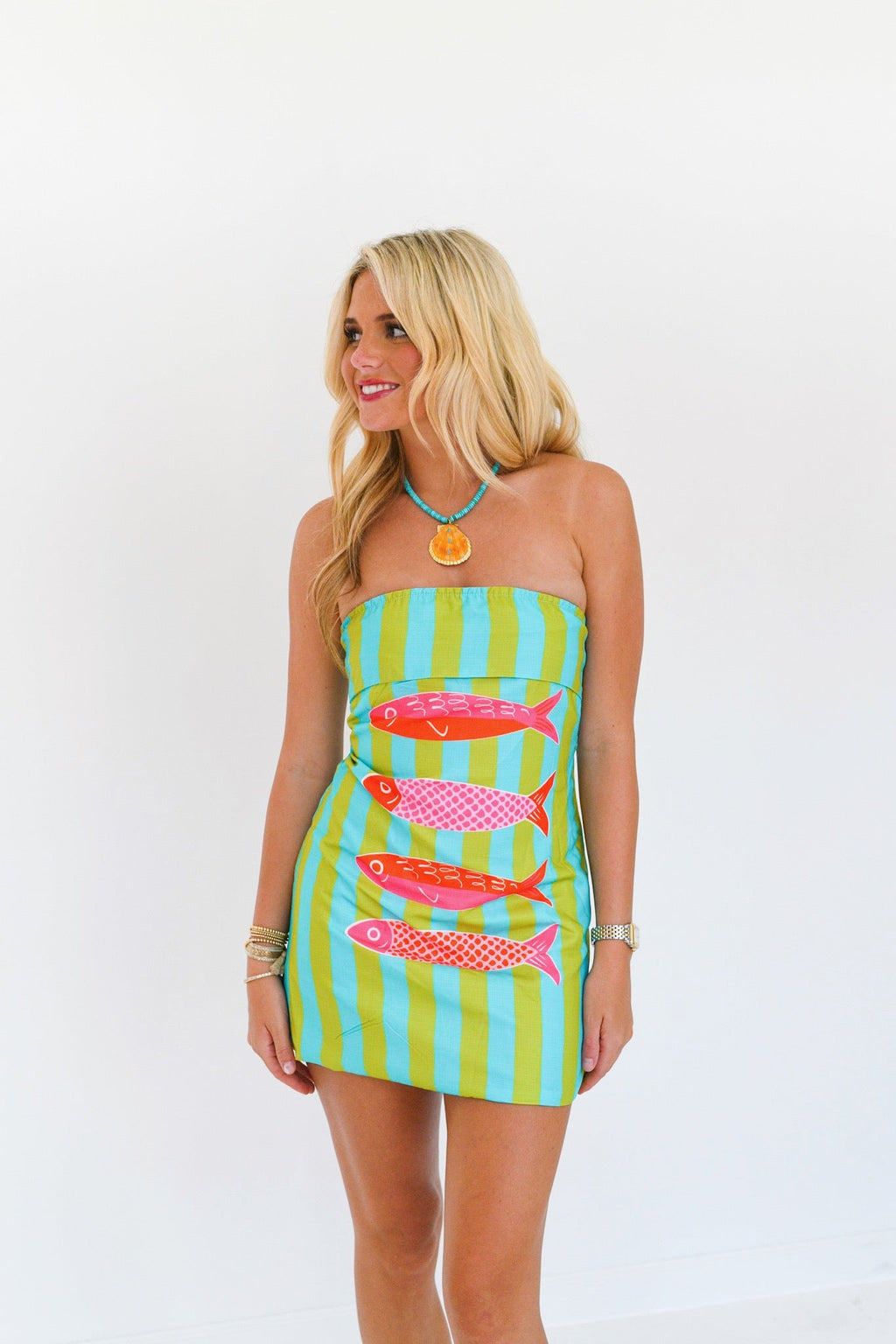 Anabelle Fish Strapless Mini Dress - Lime/Turquoise Stripes