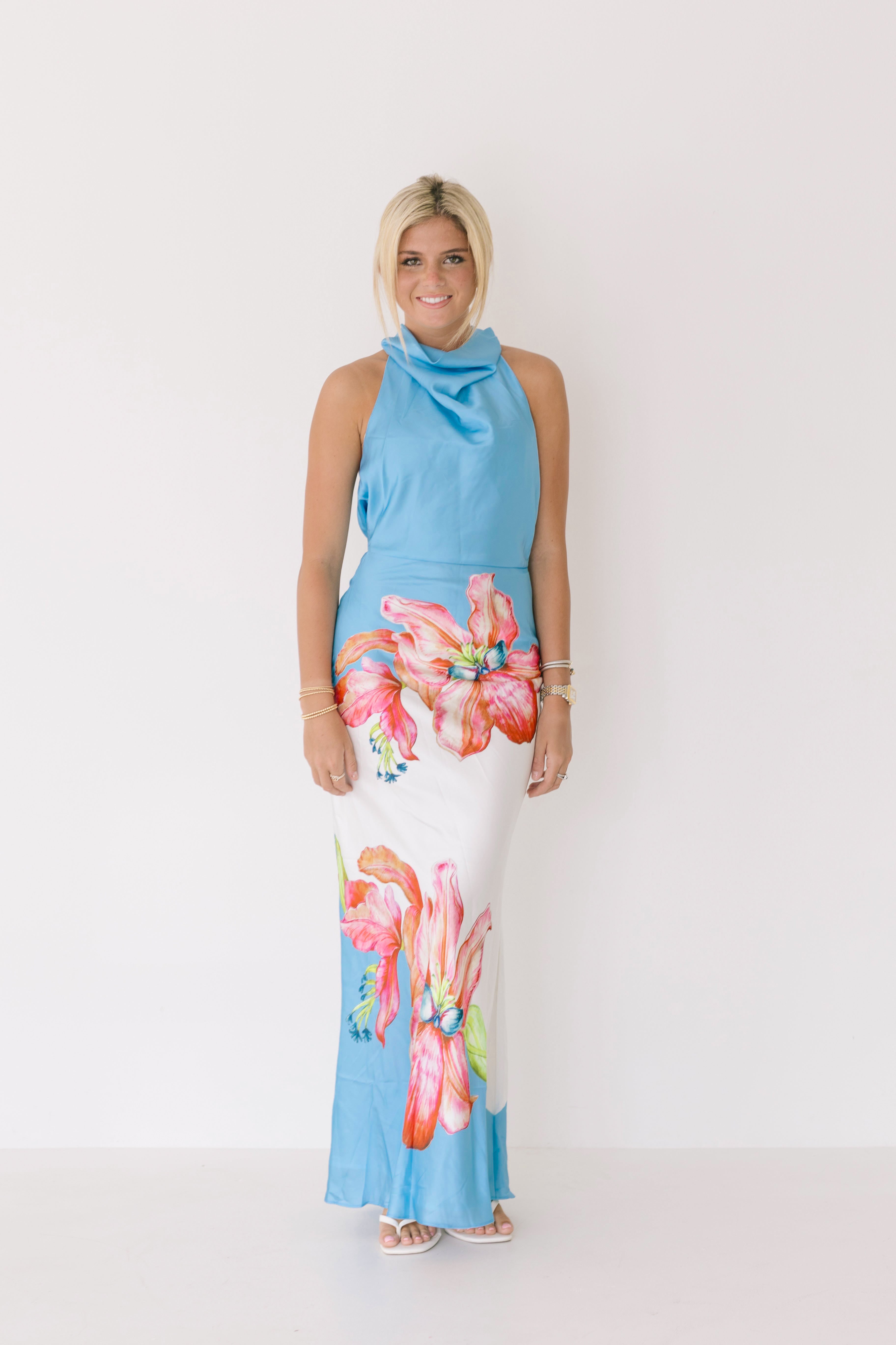 Collins Flower Halter Maxi Dress - Blue-White