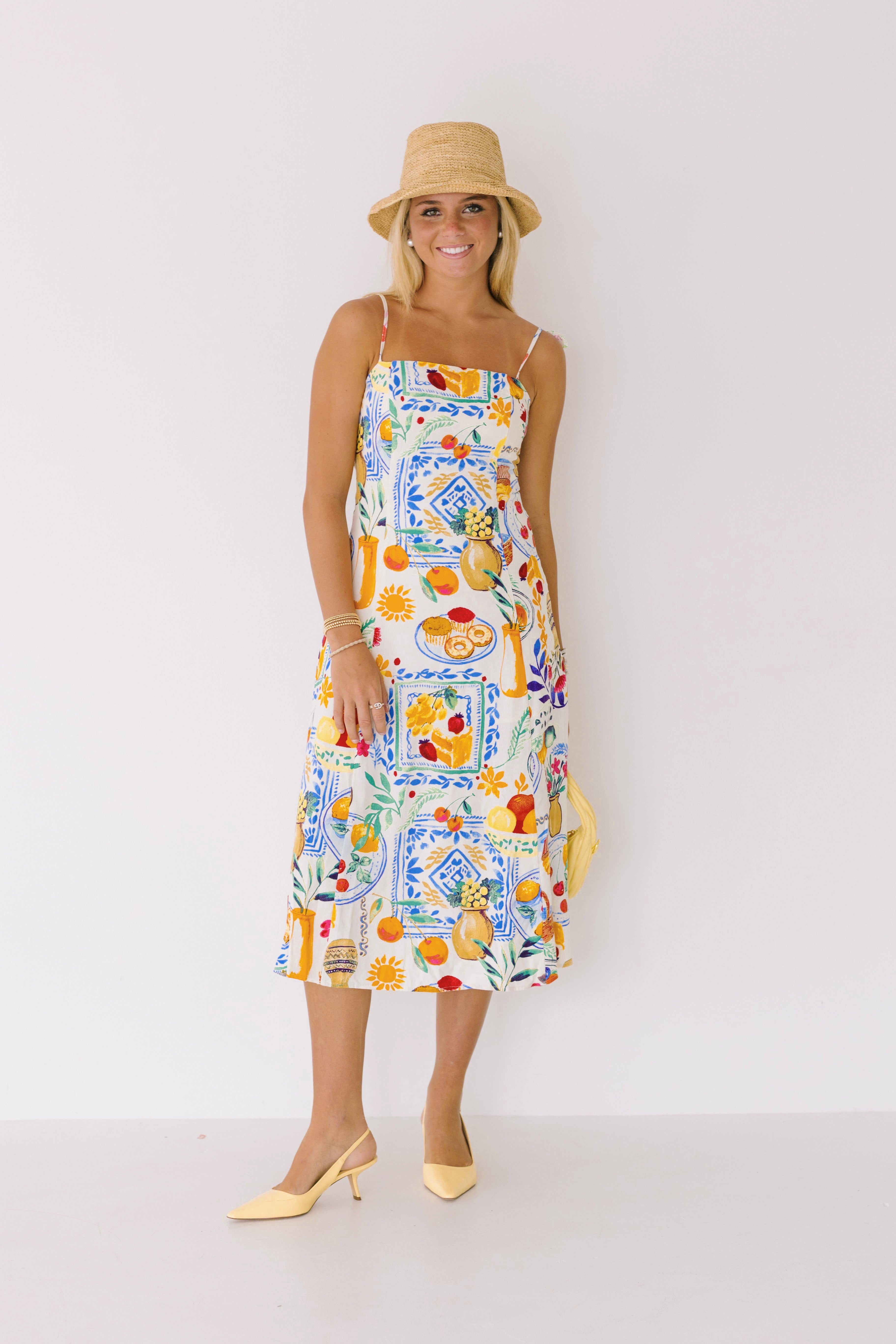 Ellie Shoulder Tie Midi Dress - Cream/Multi