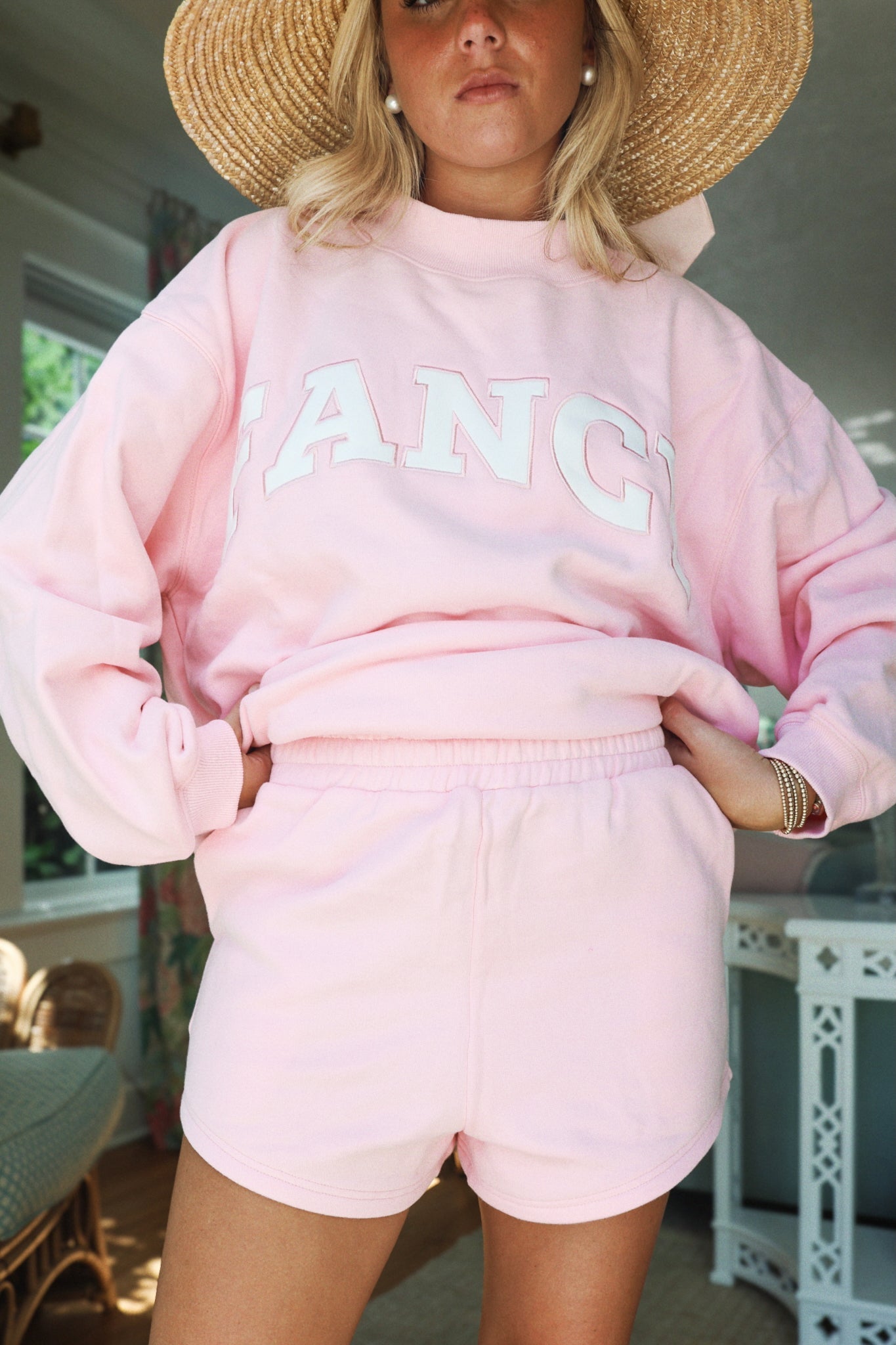 Fancy Oversized Fleece Mockneck - Powder Pink/White