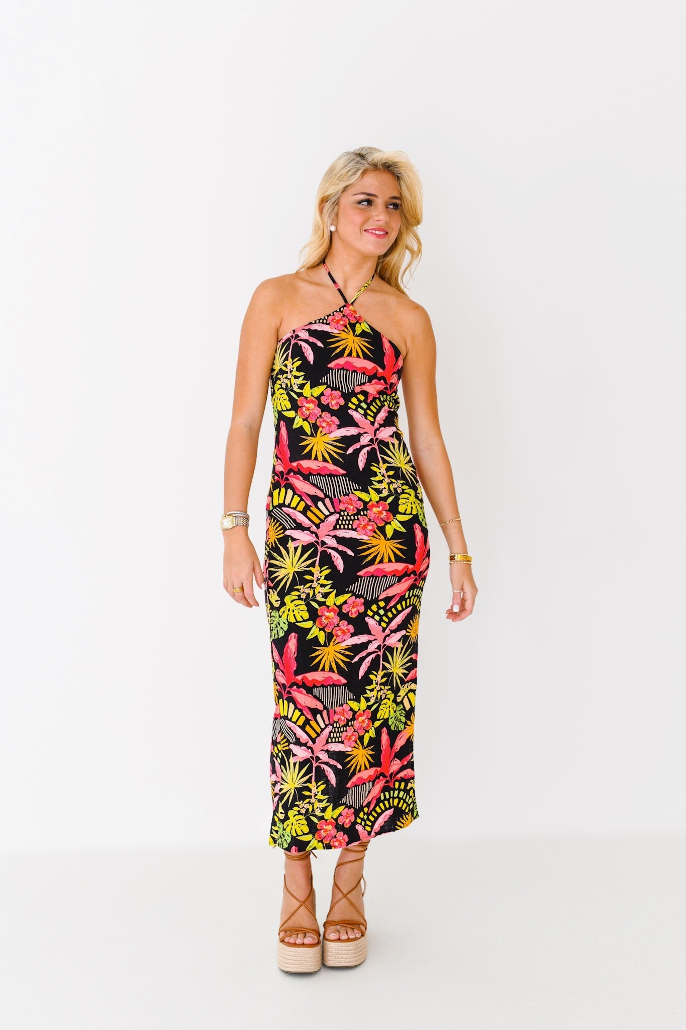 Victoria Halter Neck Maxi Dress - Black Multi Tropical