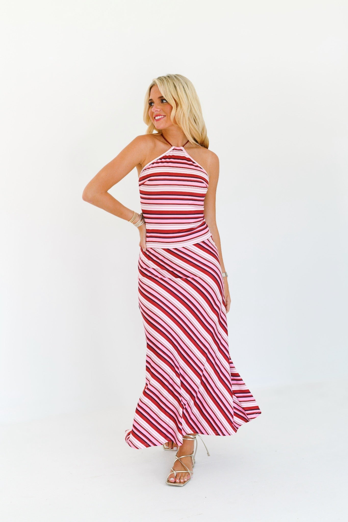 Harlee Halter Striped Maxi Dress - Magenta Stripe