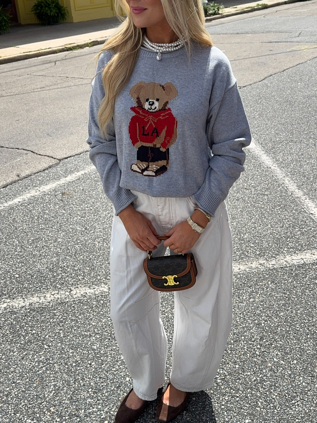 Shelly Roll Up Neck Bear Graphic Sweater - H Gray