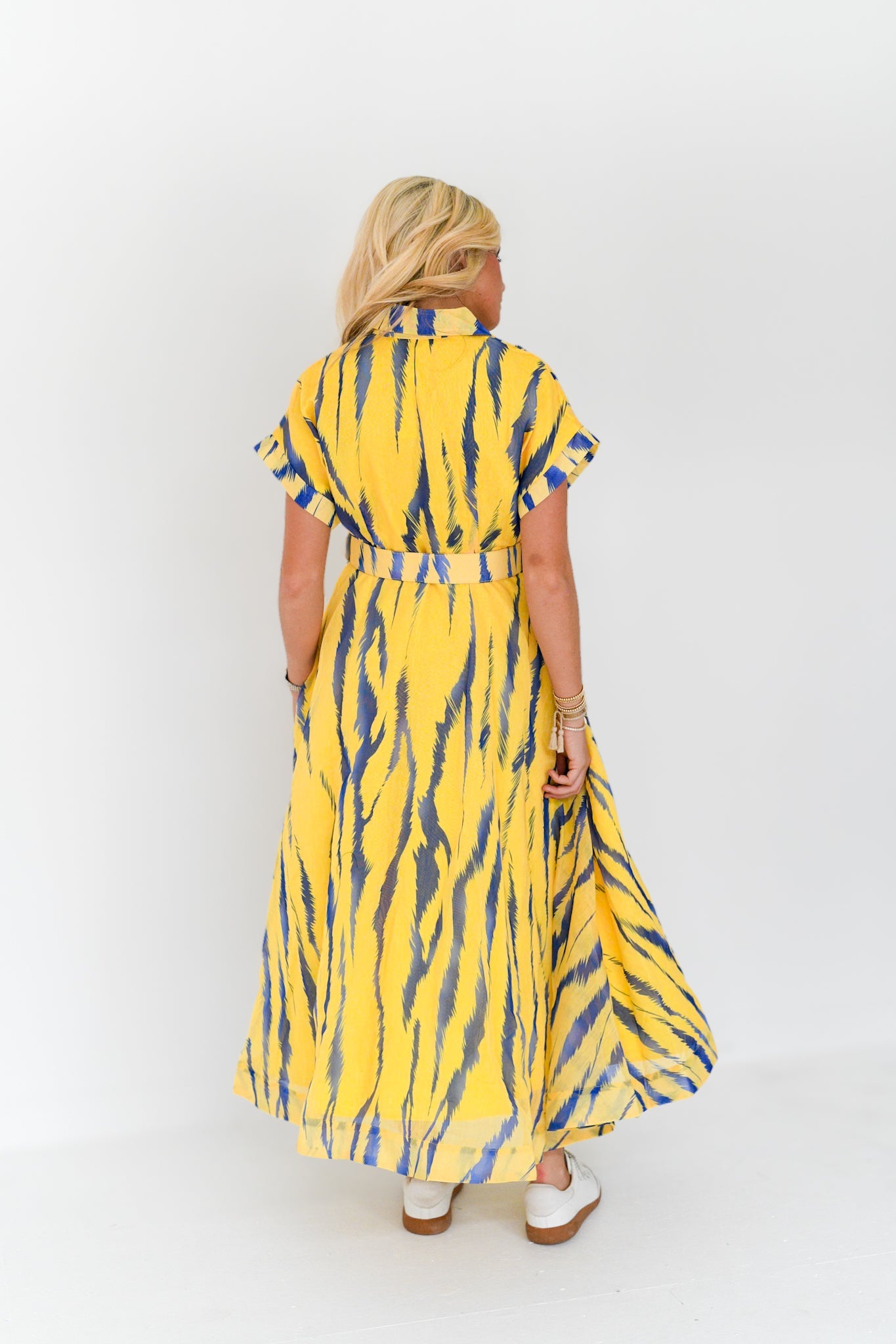 Emme Zebra Print Belted Midi Dress - Yellow/Blue Multi