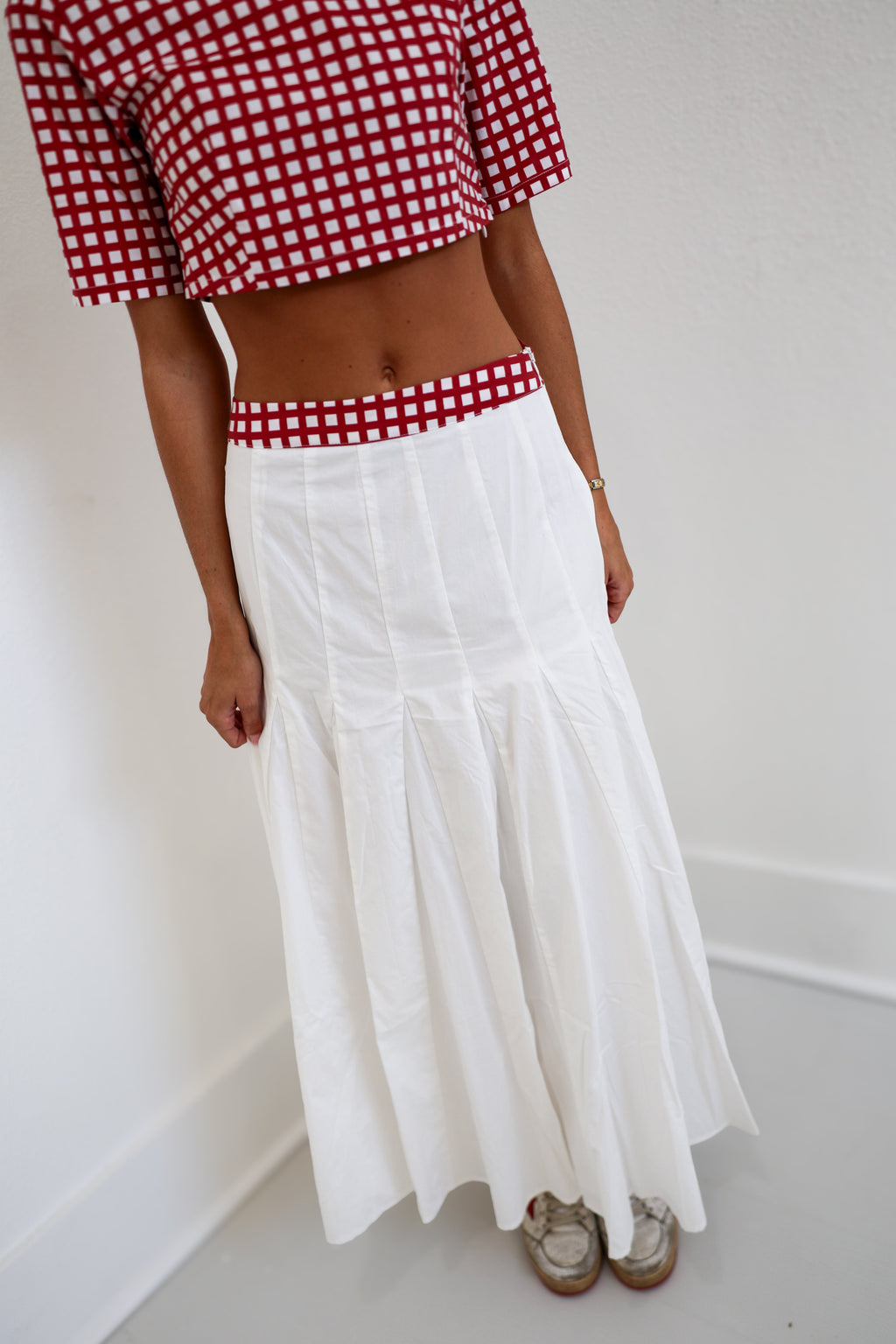 Maning Double Layer Pleated Maxi Skirt - Crimson/White Gingham