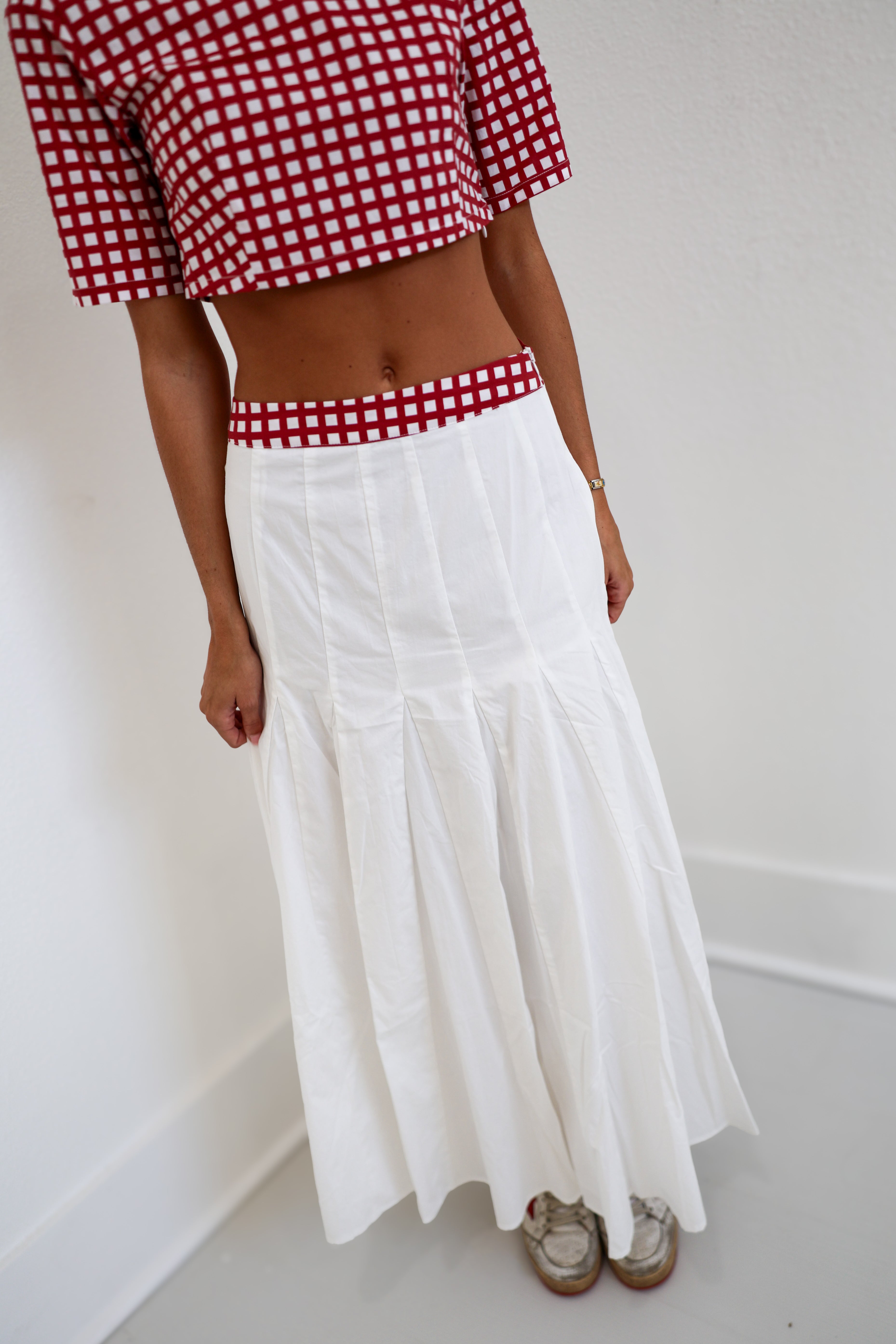 Maning Double Layer Pleated Maxi Skirt - Crimson/White Gingham