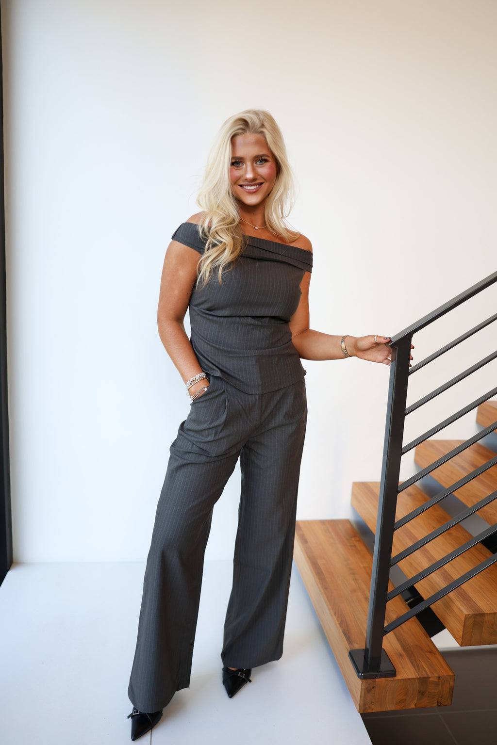 Caroline Pin Striped Pants Set - Charcoal