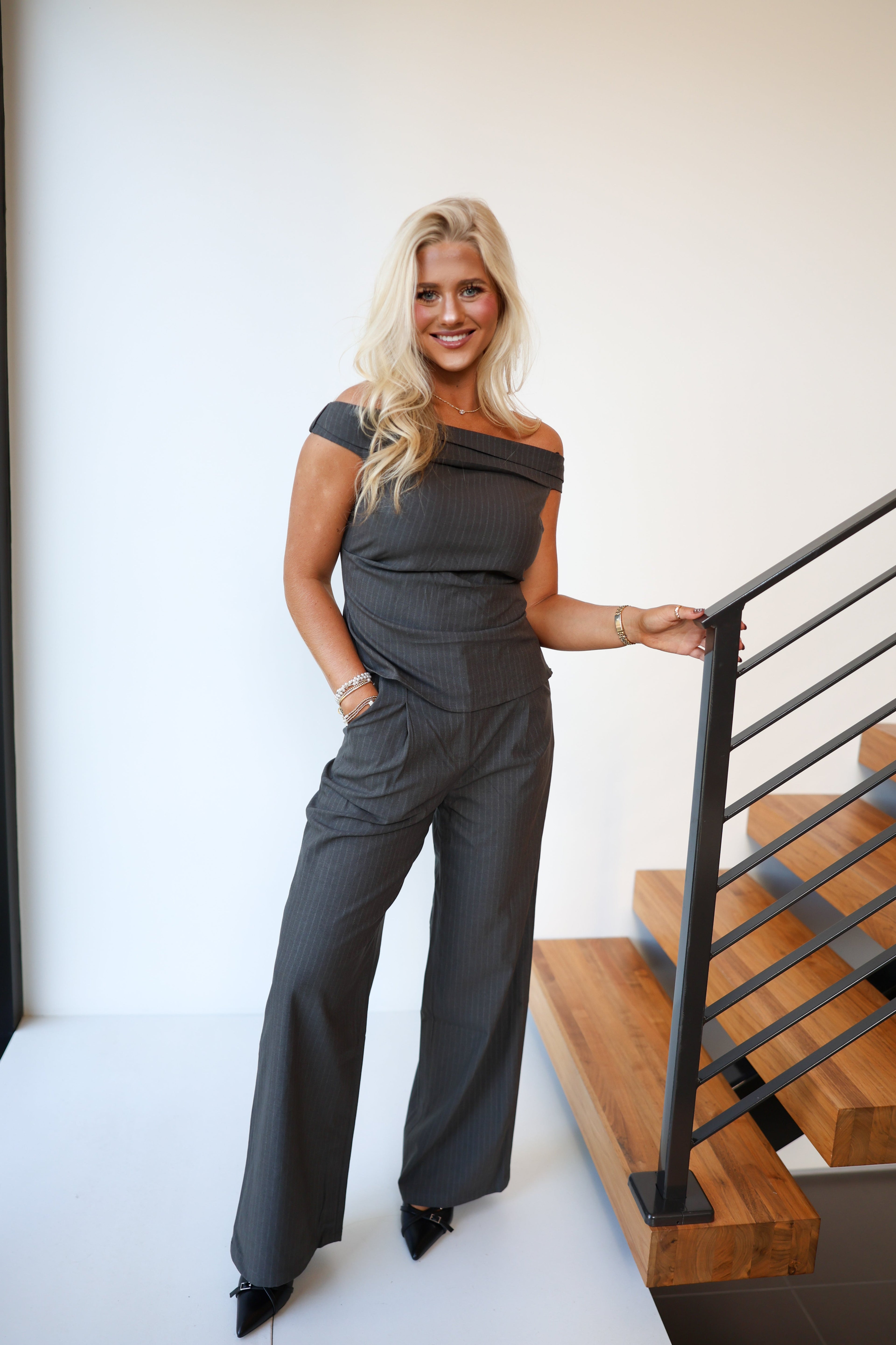 Caroline Pin Striped Pants Set - Charcoal