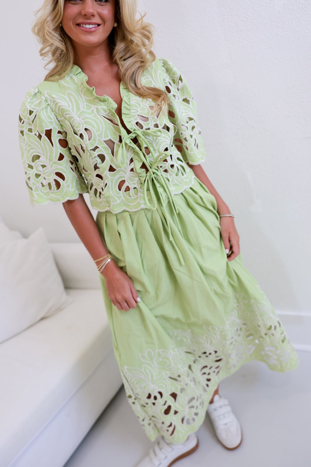 Evie Embroidery Lace Top And Skirt Set - Green