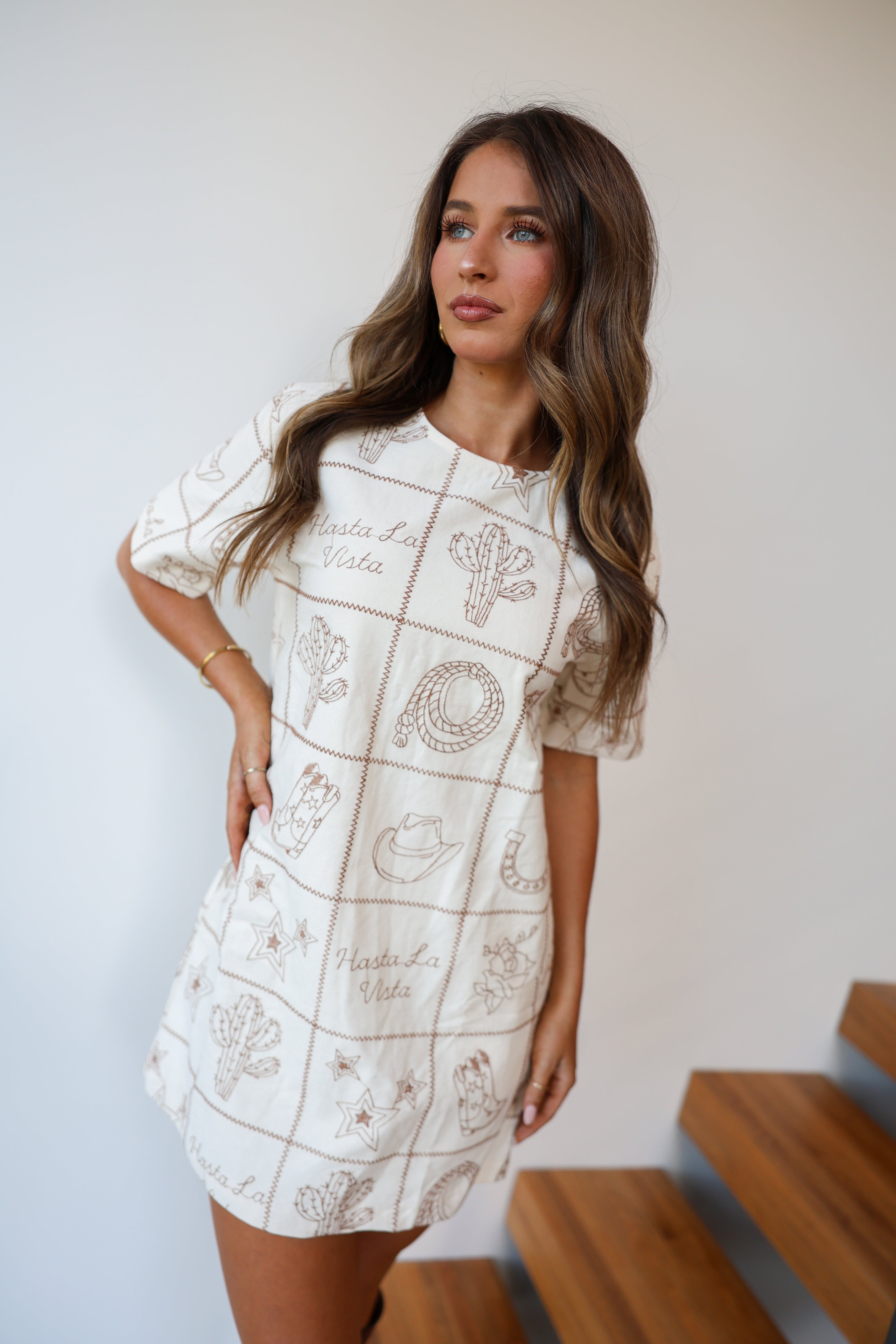 Western Embroidered Mini Dress - Taupe