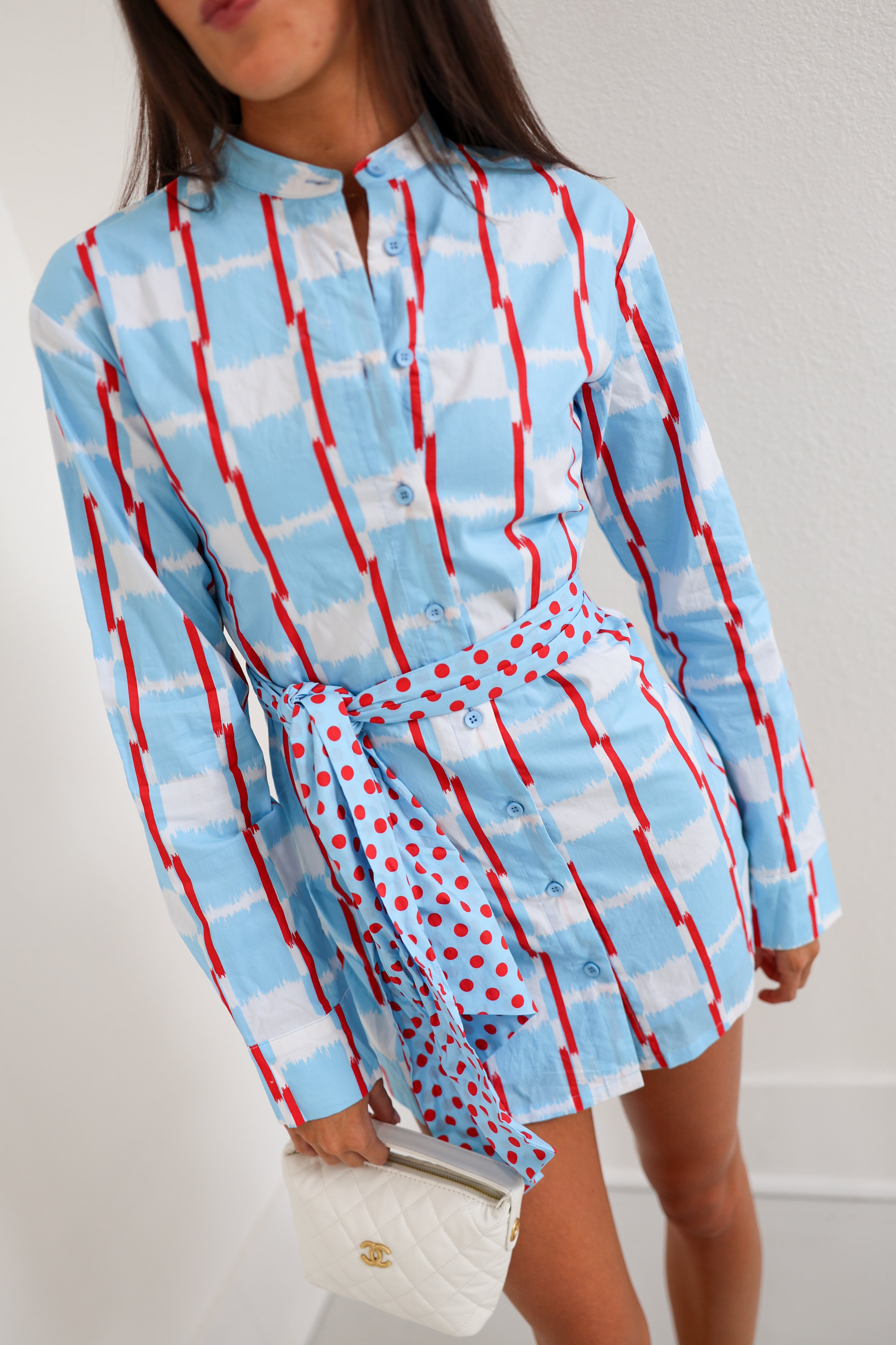 Mallie Multi Button Tie Mini Dress - Powder Blue/Red