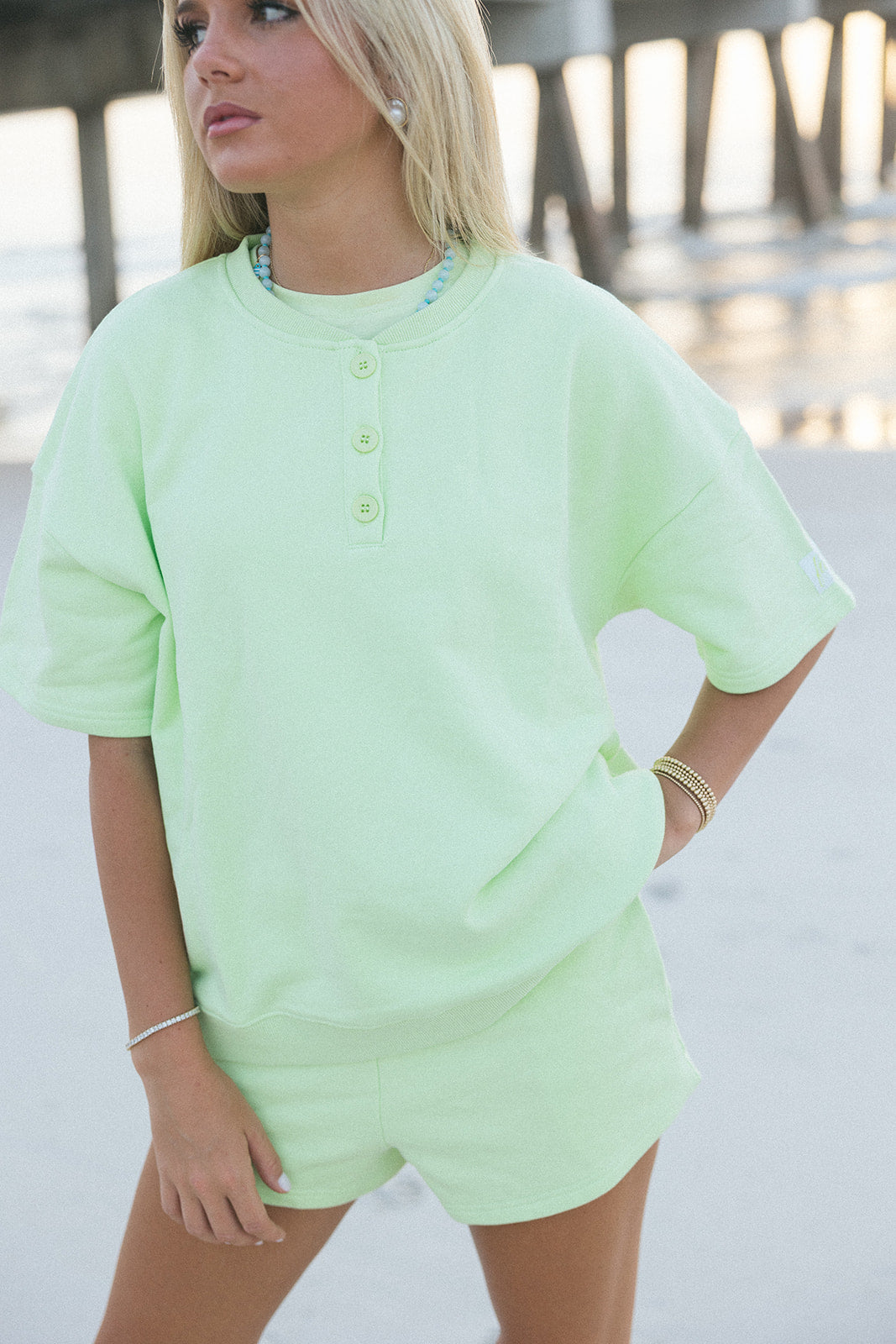 Fancy Half Button Short Sleeve Terry Top