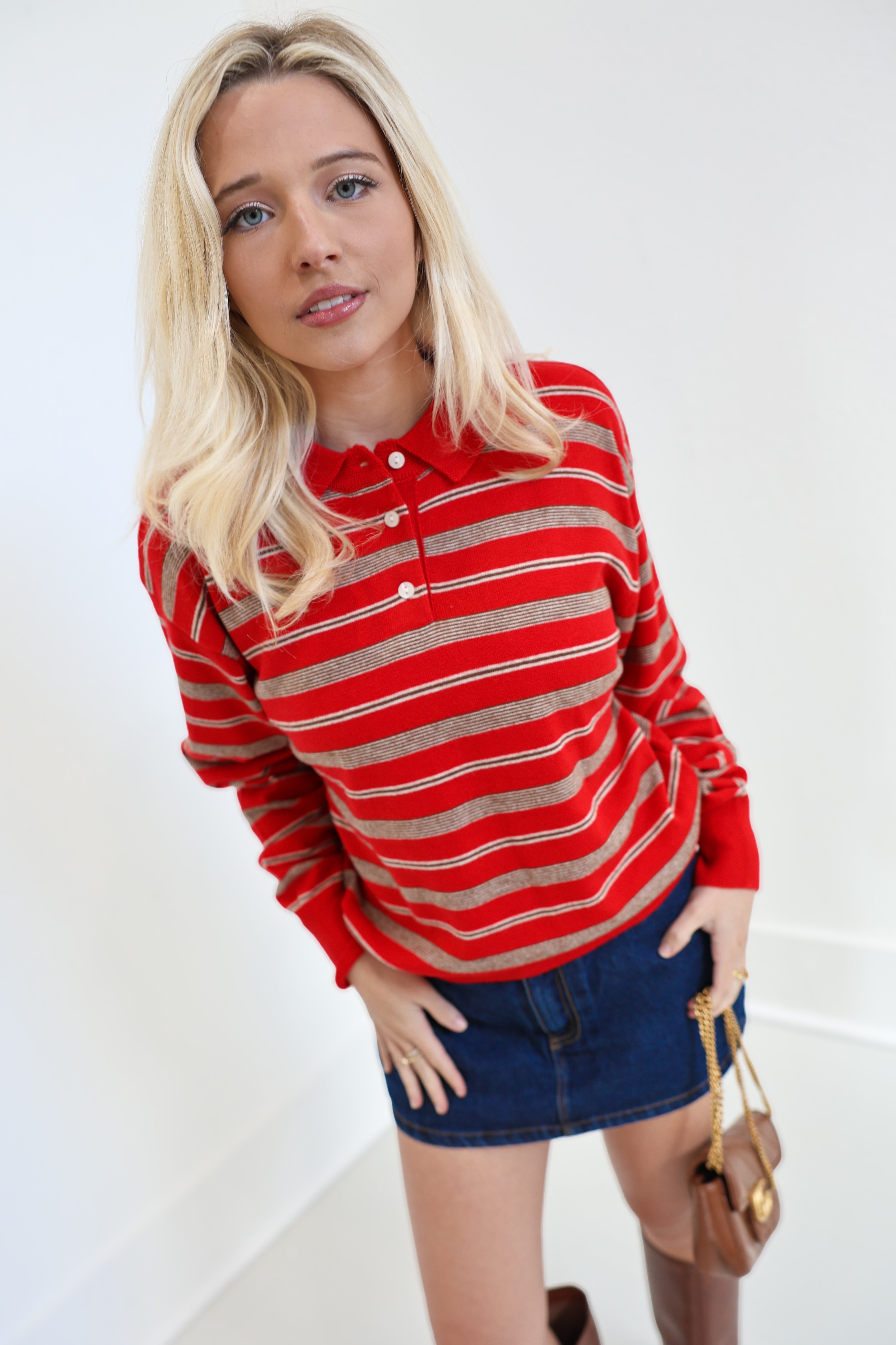 April Stripe Polo Sweater - Red Combo