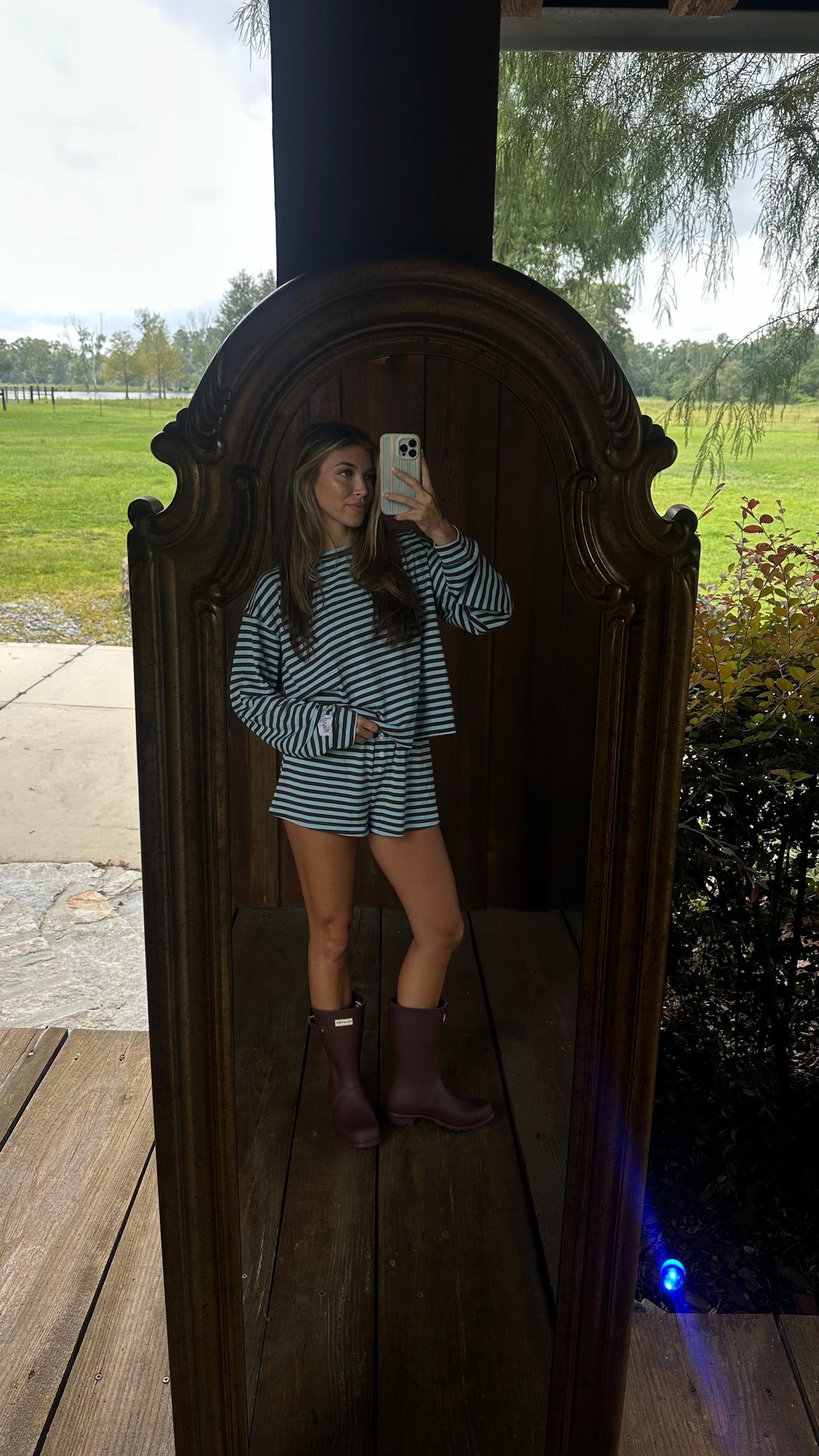 Fancy Striped Oversized Long Sleeve Top - Glacier/ Chocolate