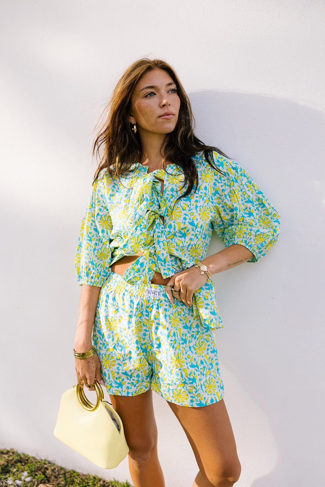 Dani Tie Front and Shorts Set - Teal/Lime