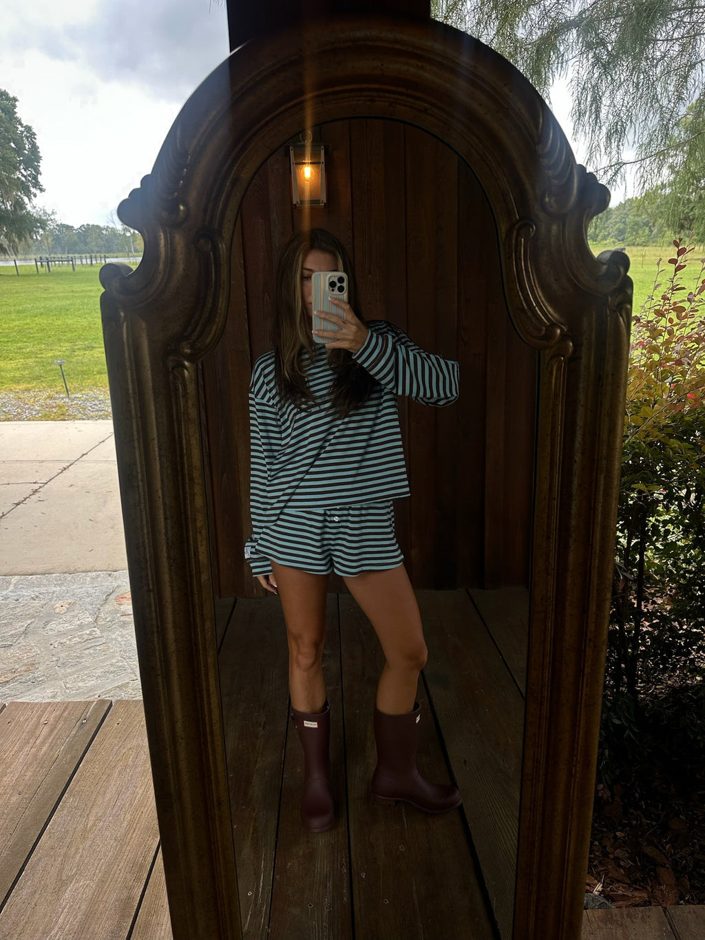 Fancy Striped Oversized Long Sleeve Top - Glacier/ Chocolate