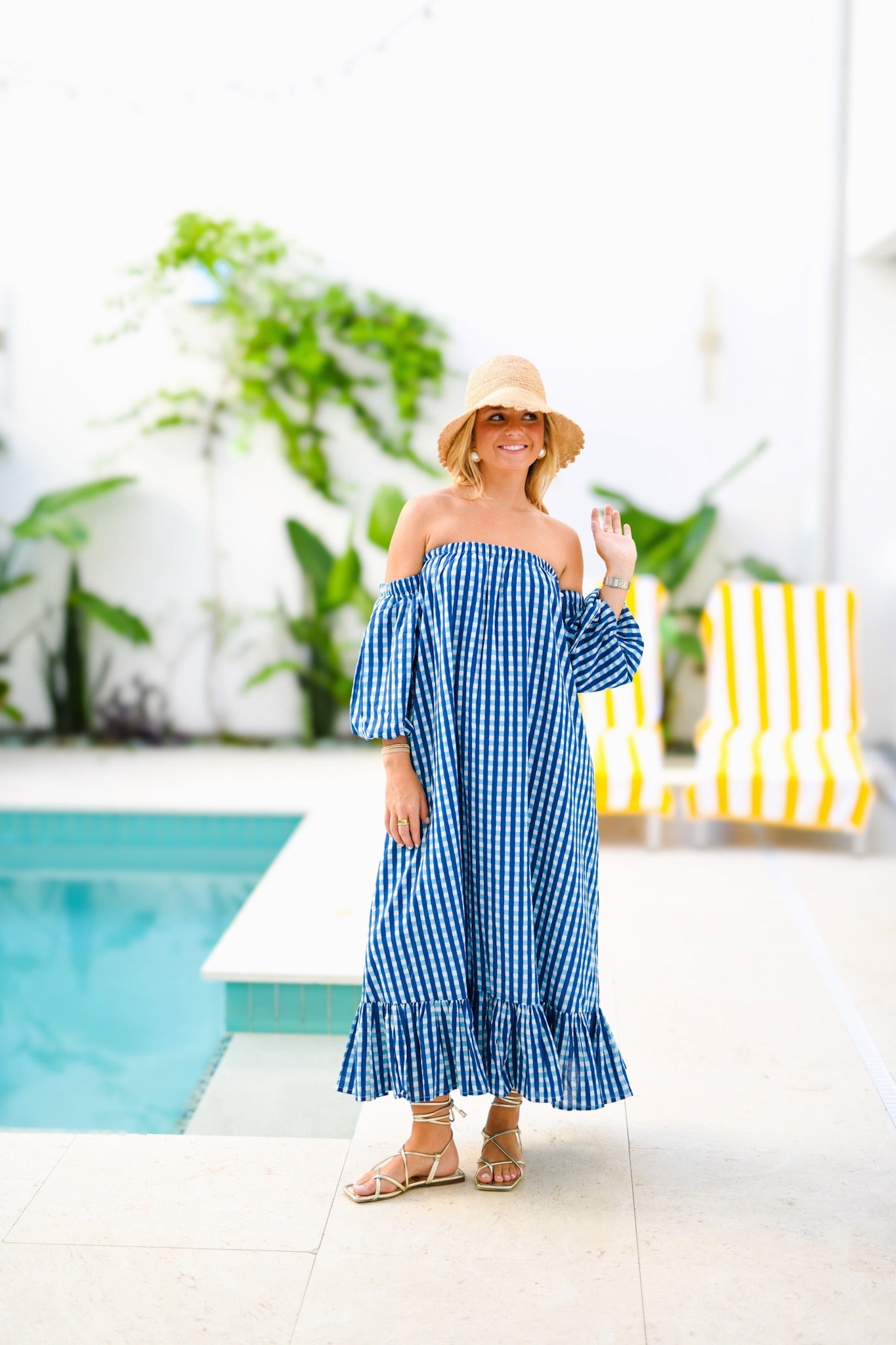 Brit Strapless Bubble Sleeve Maxi Dress - Blue Gingham