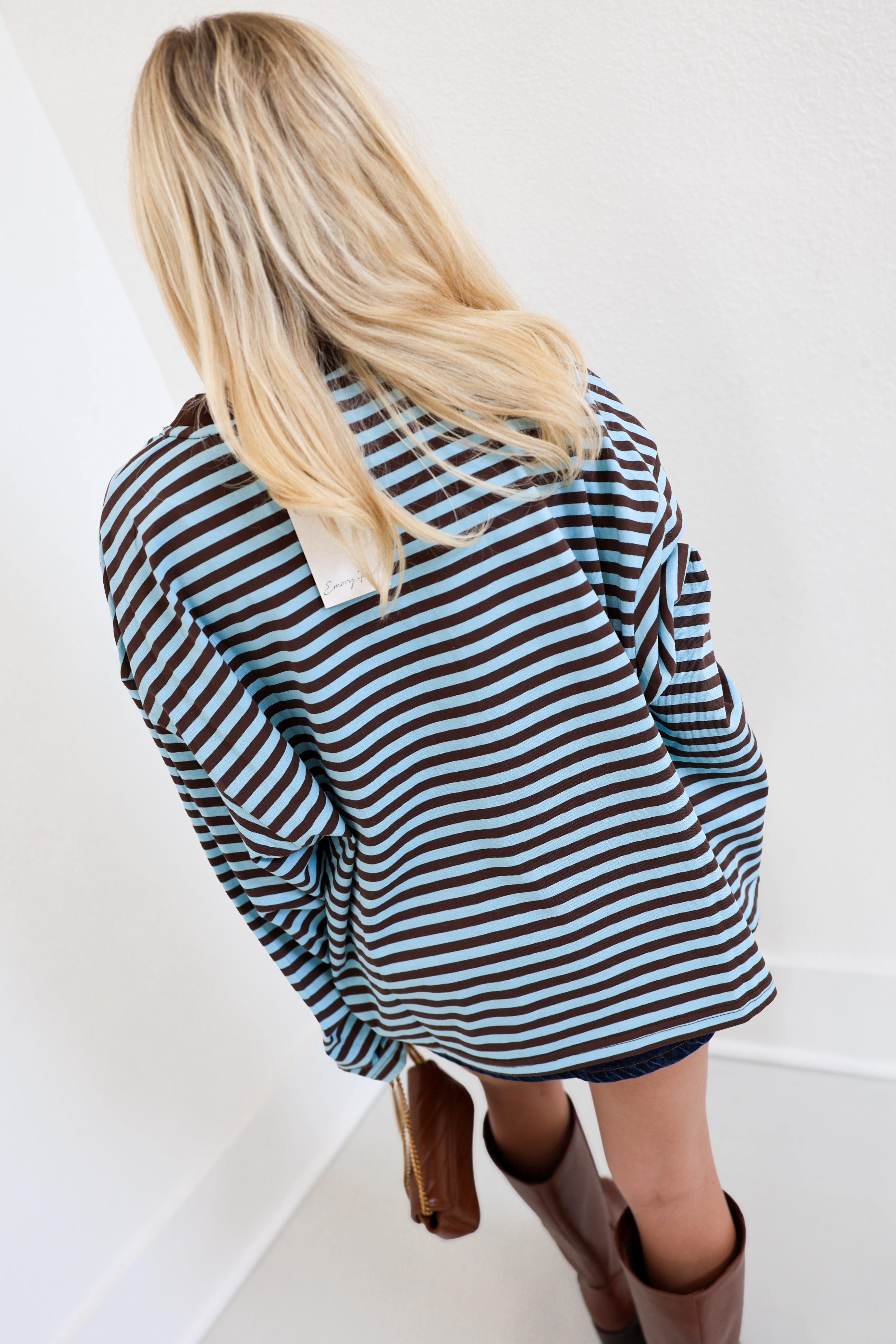 Harlee Oversized Striped Basic Top - Blue/Brown