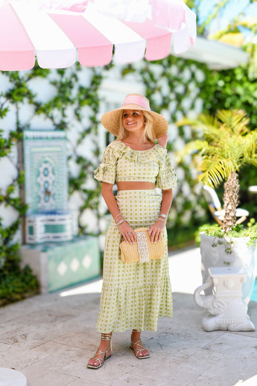 Palm Ruffle Skirt Set - Green Blockprint