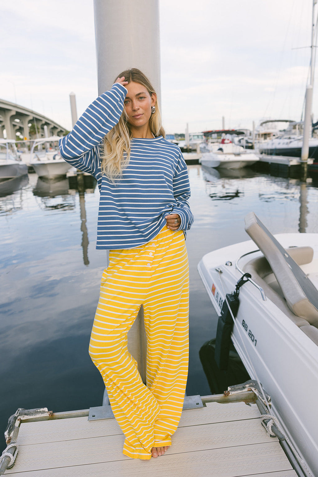 Fancy Striped Oversized Long Sleeve Top - Malibu Blue