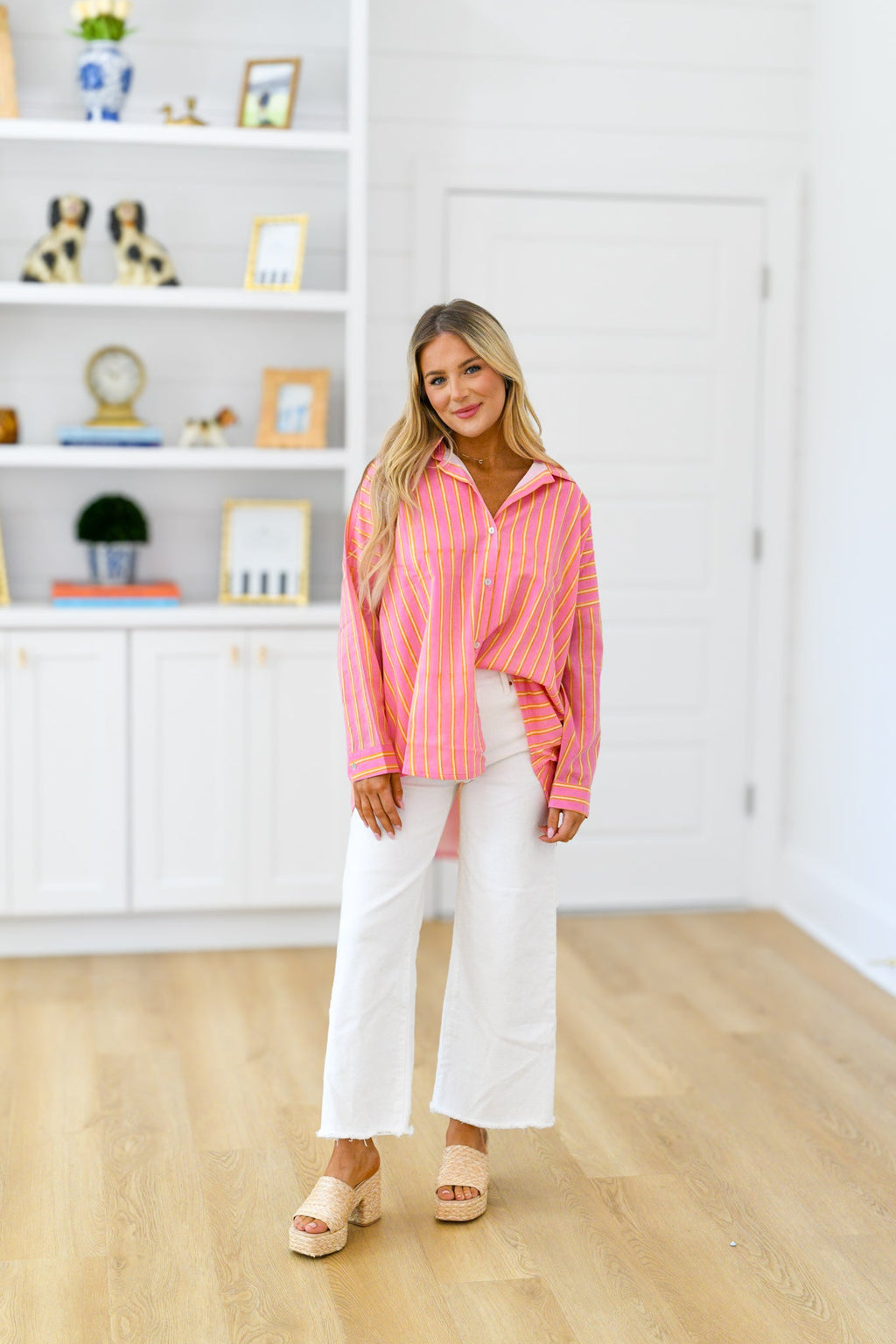Izzy Striped Button Down Top -  Pink/Orange Thick Striped