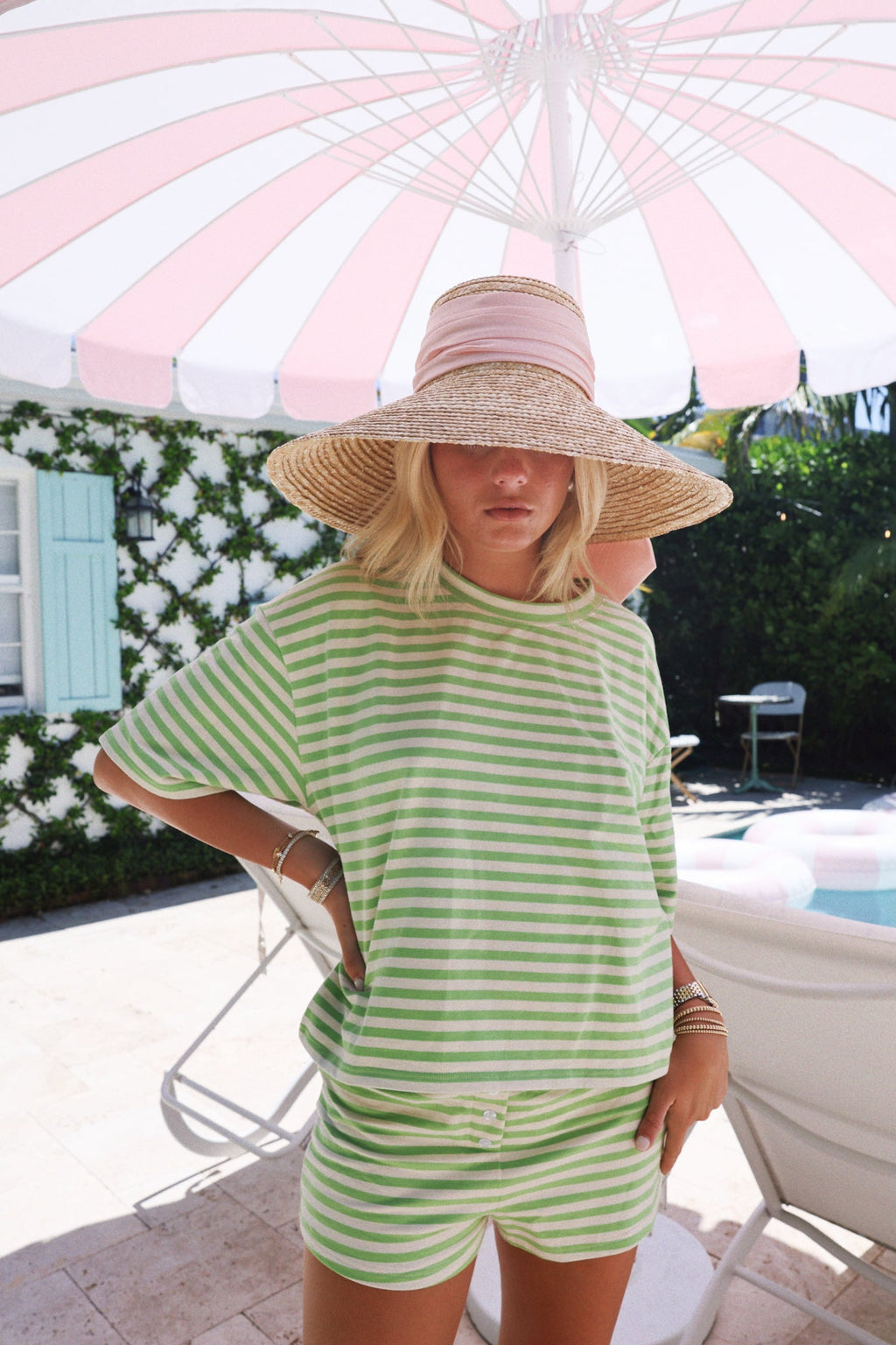 Fancy Striped Short Sleeve Top - Palm/Cream