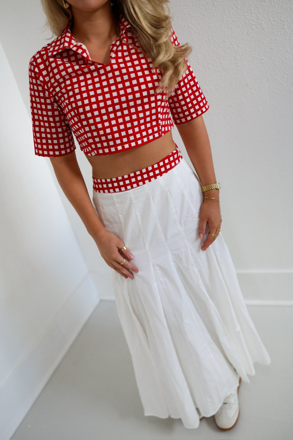 Josie Double Layer Pleated Maxi Skirt - White/Red