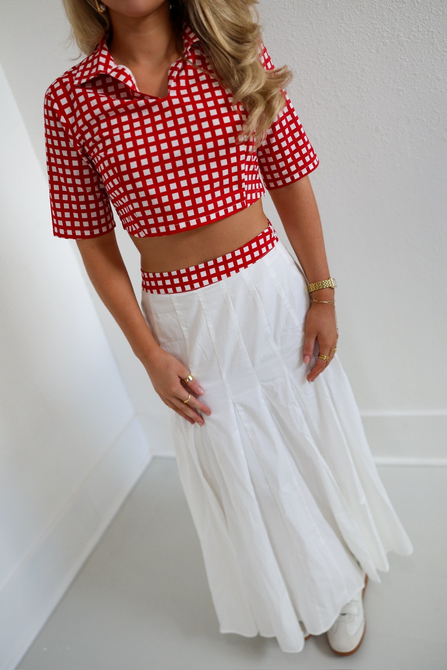 Josie Double Layer Pleated Maxi Skirt - White/Red