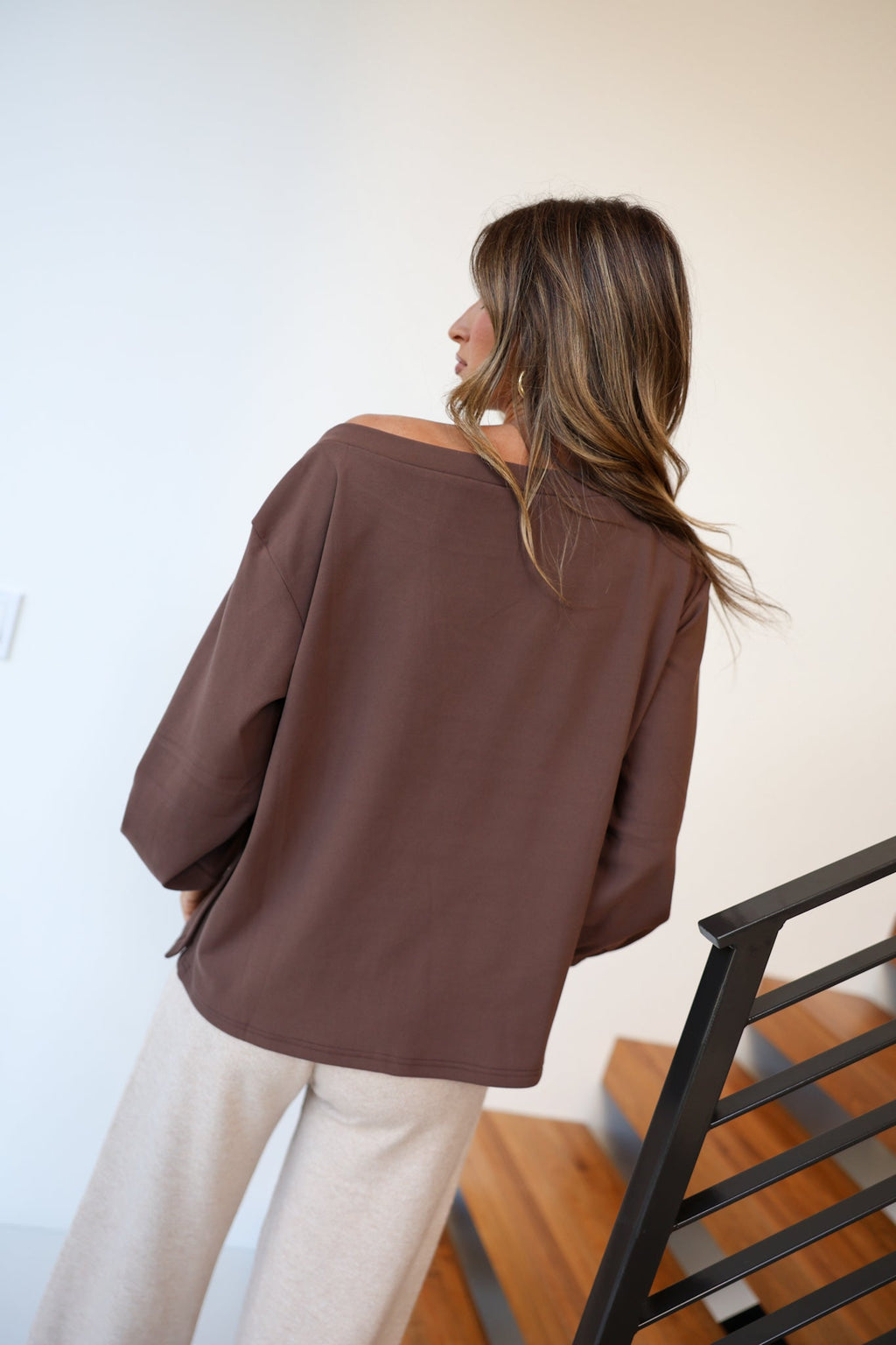 Kinley Off The Shoulder Crewneck - Brown