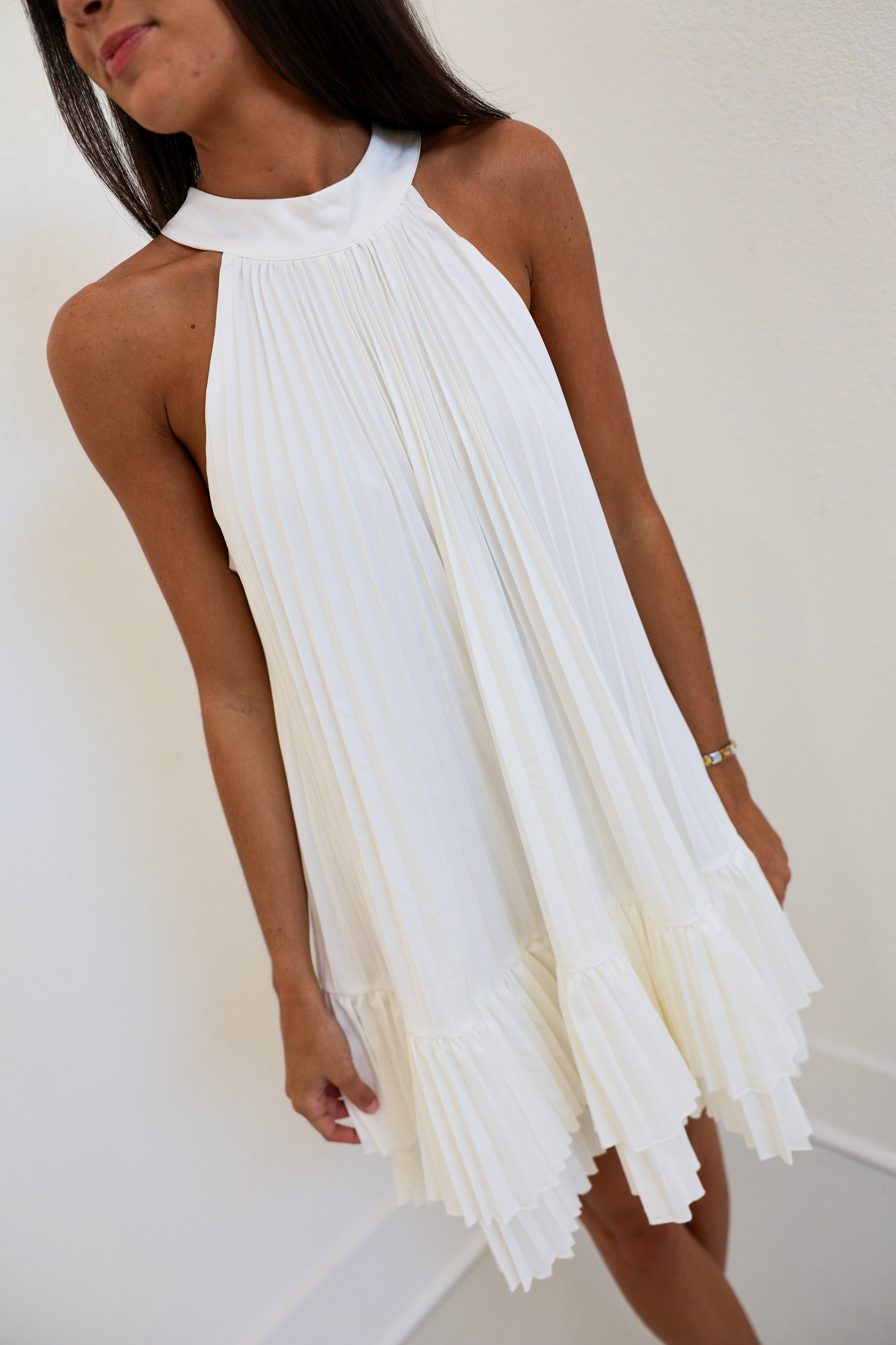 Aspen Pleated Mini Halter Dress - White
