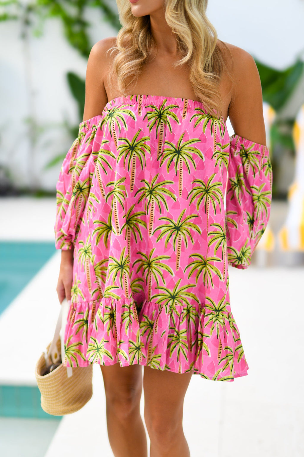 Mandi Strapless Bubble Sleeve Mini Dress - Pink Palm