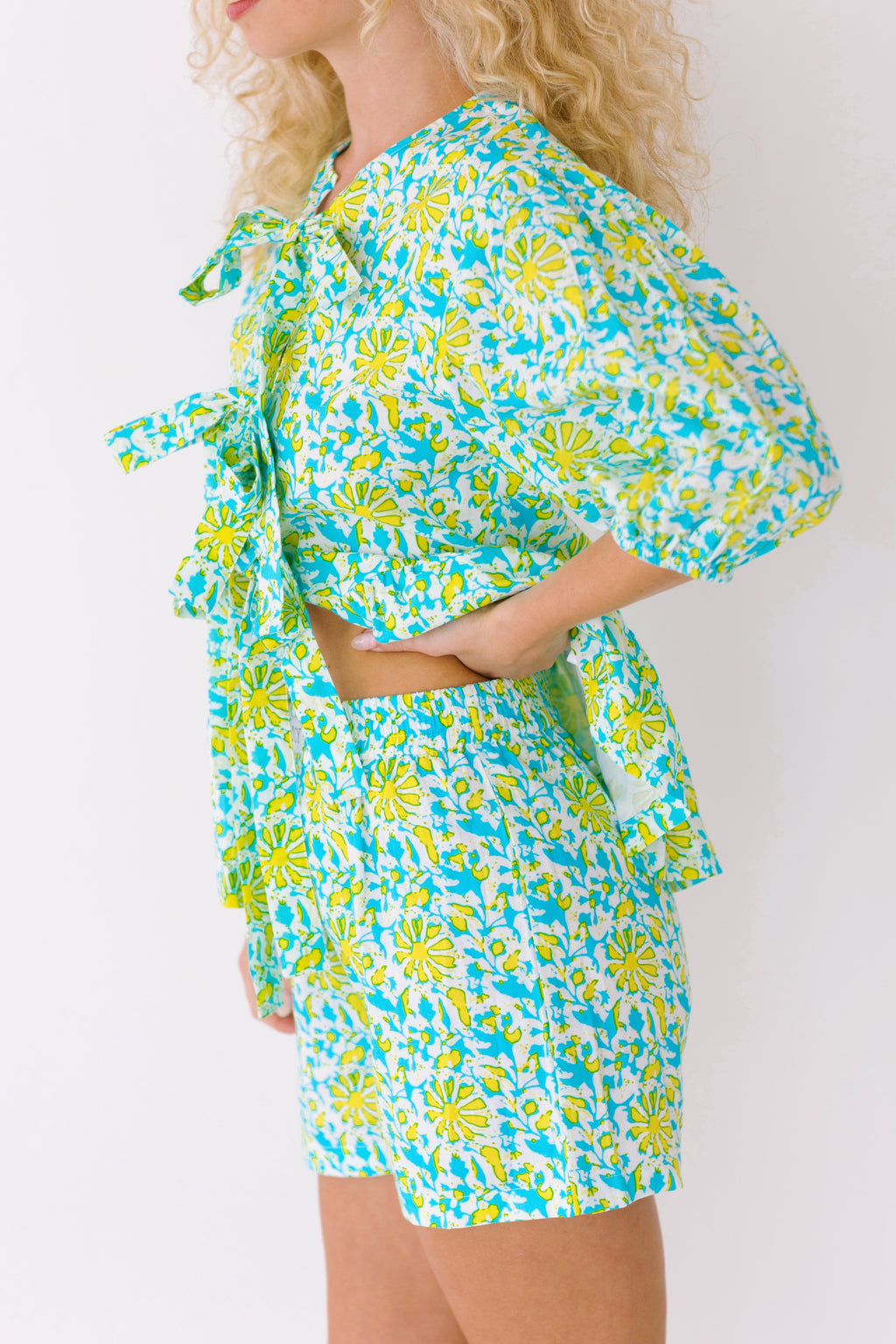 Dani Tie Front and Shorts Set - Teal/Lime