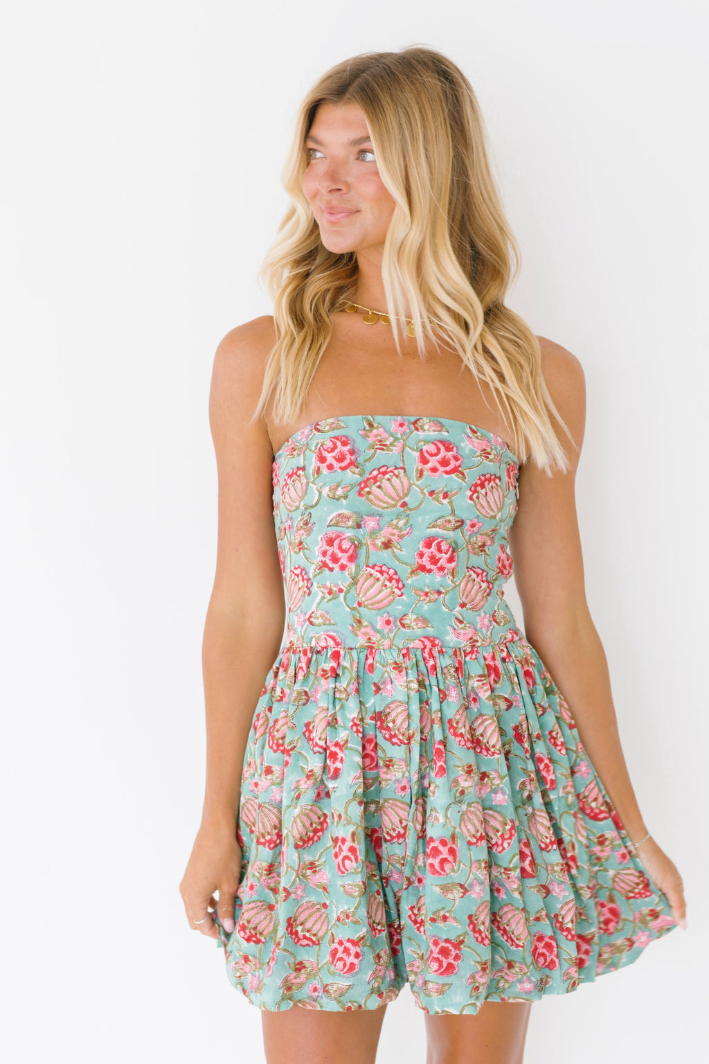 Miranda Balloon Mini Dress - Teal/Pink