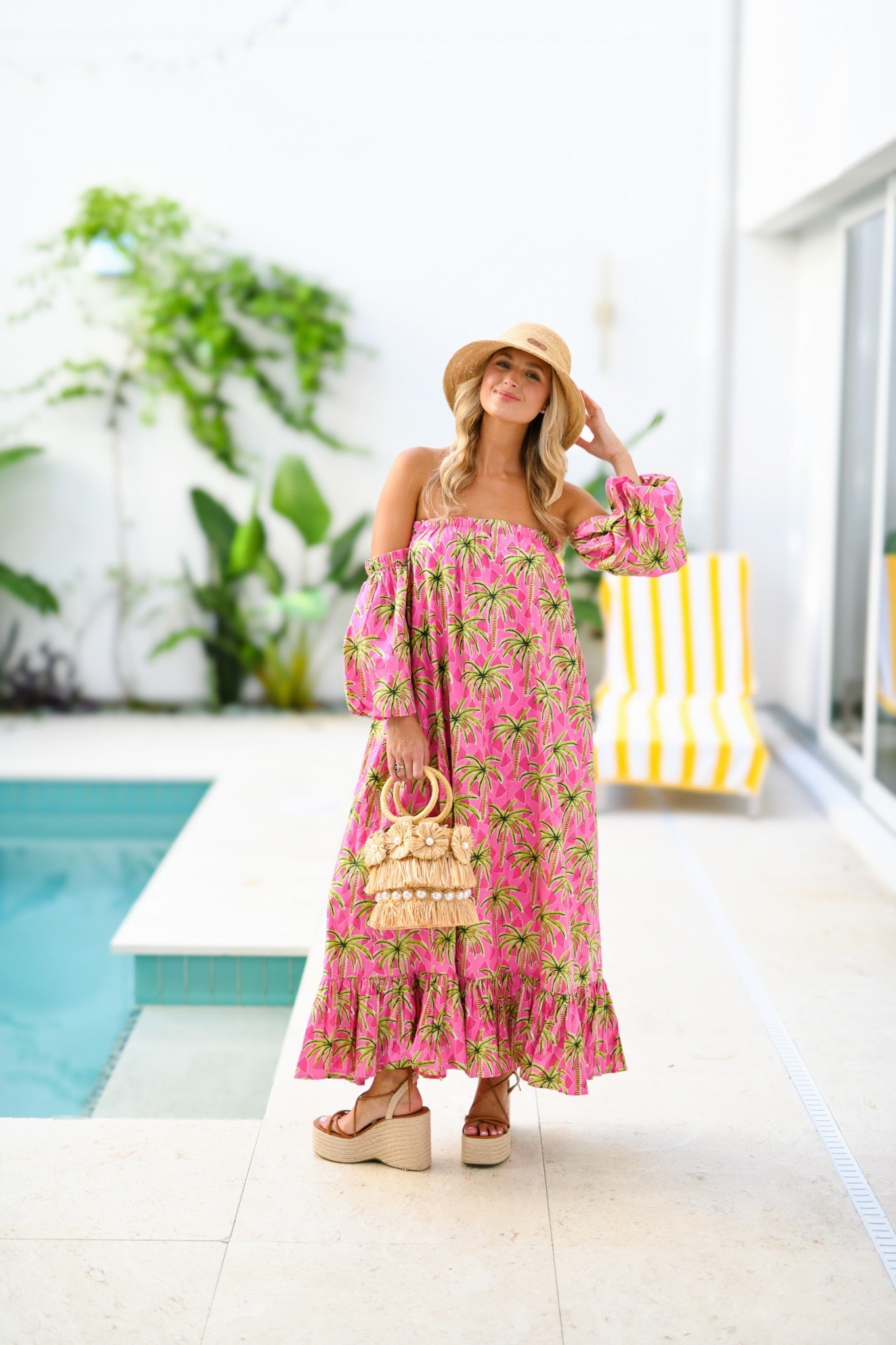 Polly Strapless Bubble Sleeve Maxi Dress - Pink Palm