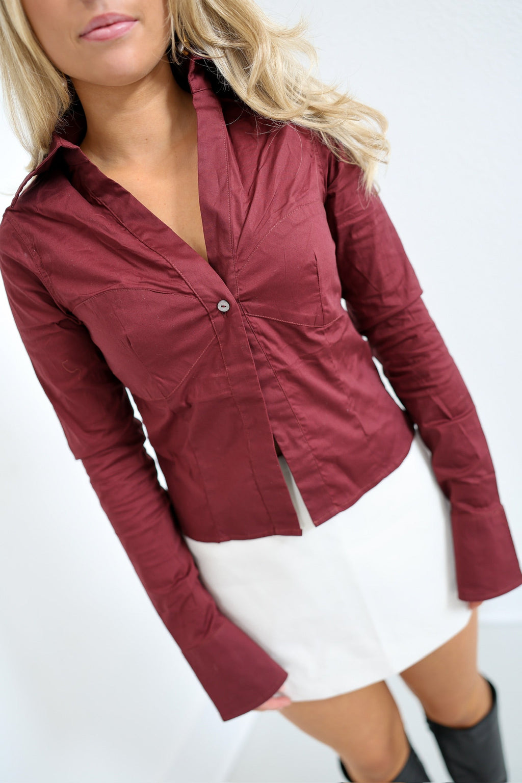 Gia Button Long Sleeve Top - Burgundy