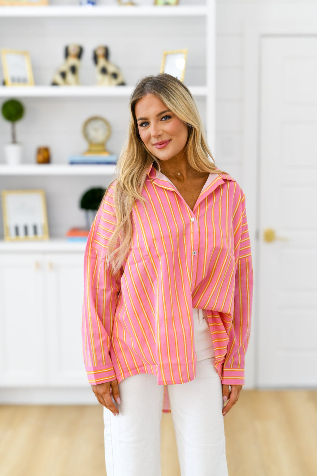 Izzy Striped Button Down Top -  Pink/Orange Thick Striped