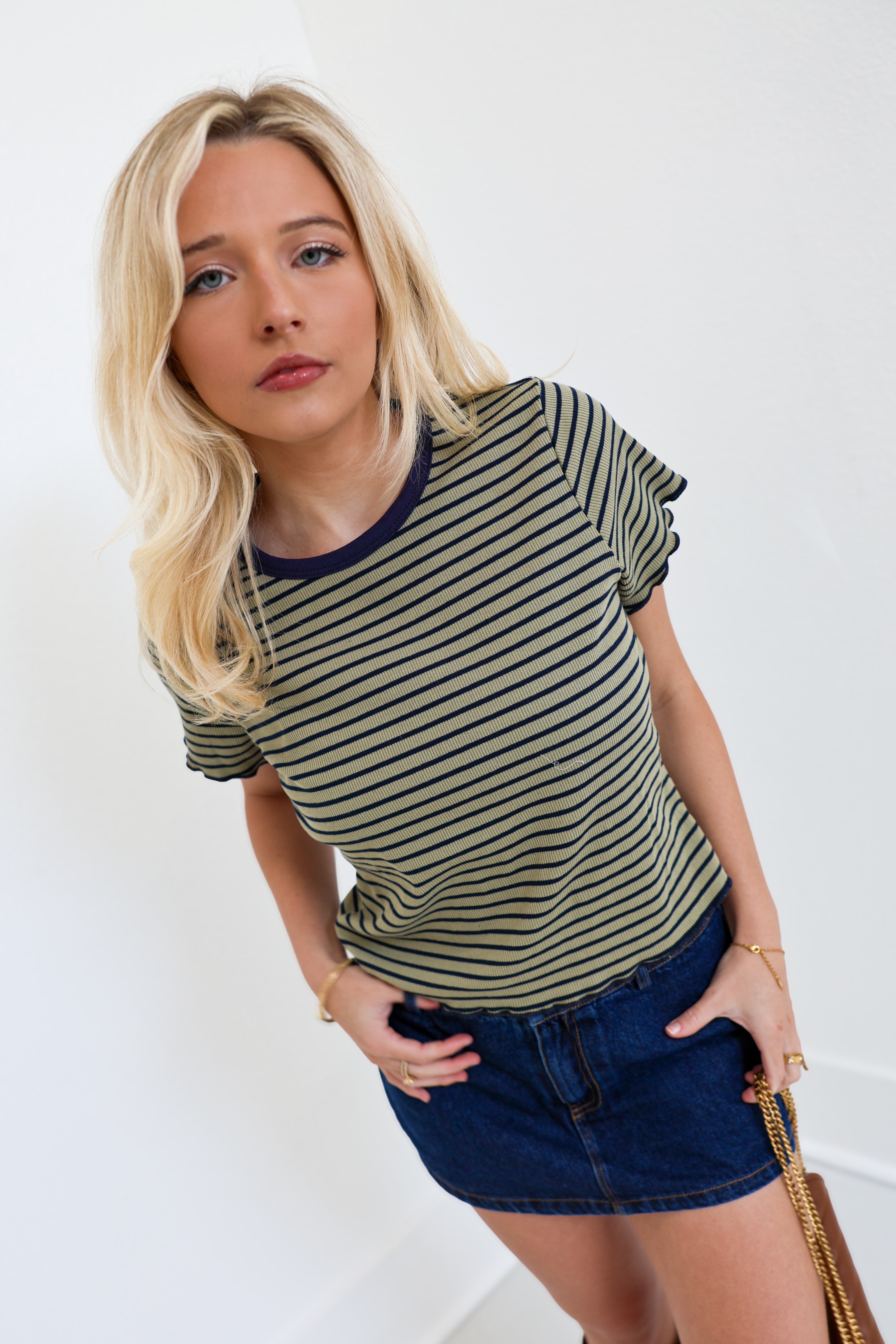Ashliegh Round Neck Short Sleeve Top - Olive/Navy Stripe