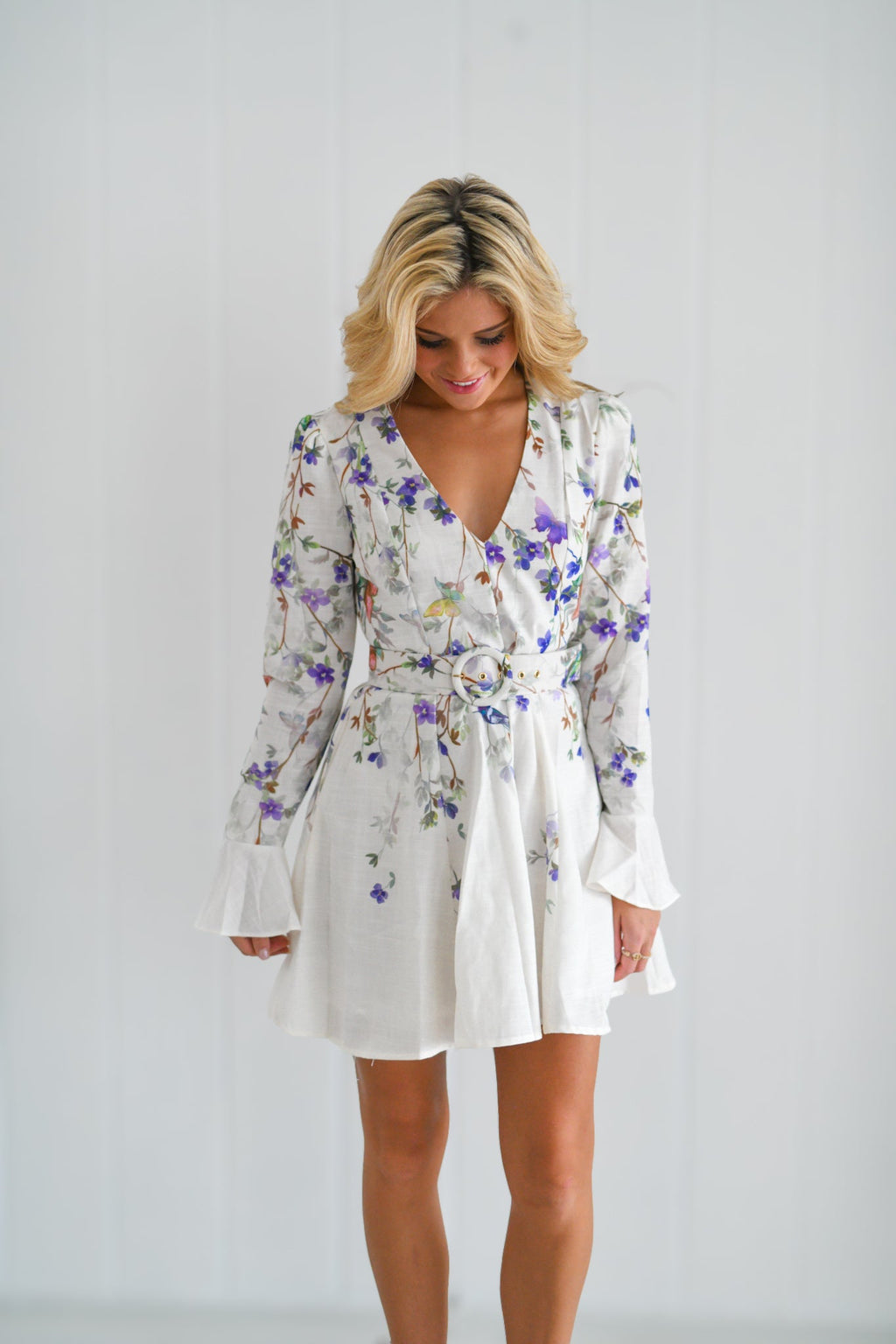 Kiera Long Puff Sleeve Floral Mini - White Multi