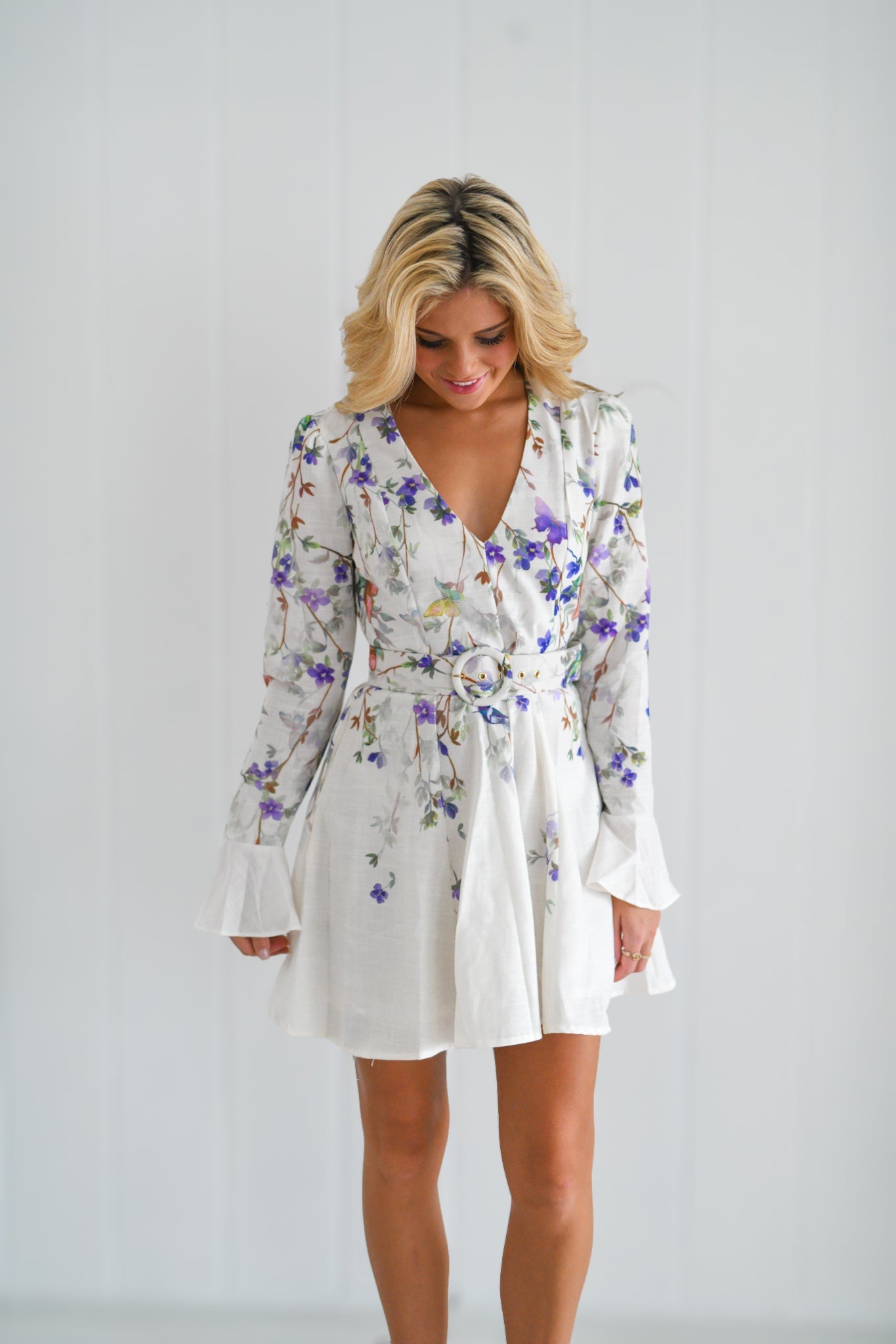 Kiera Long Puff Sleeve Floral Mini - White Multi