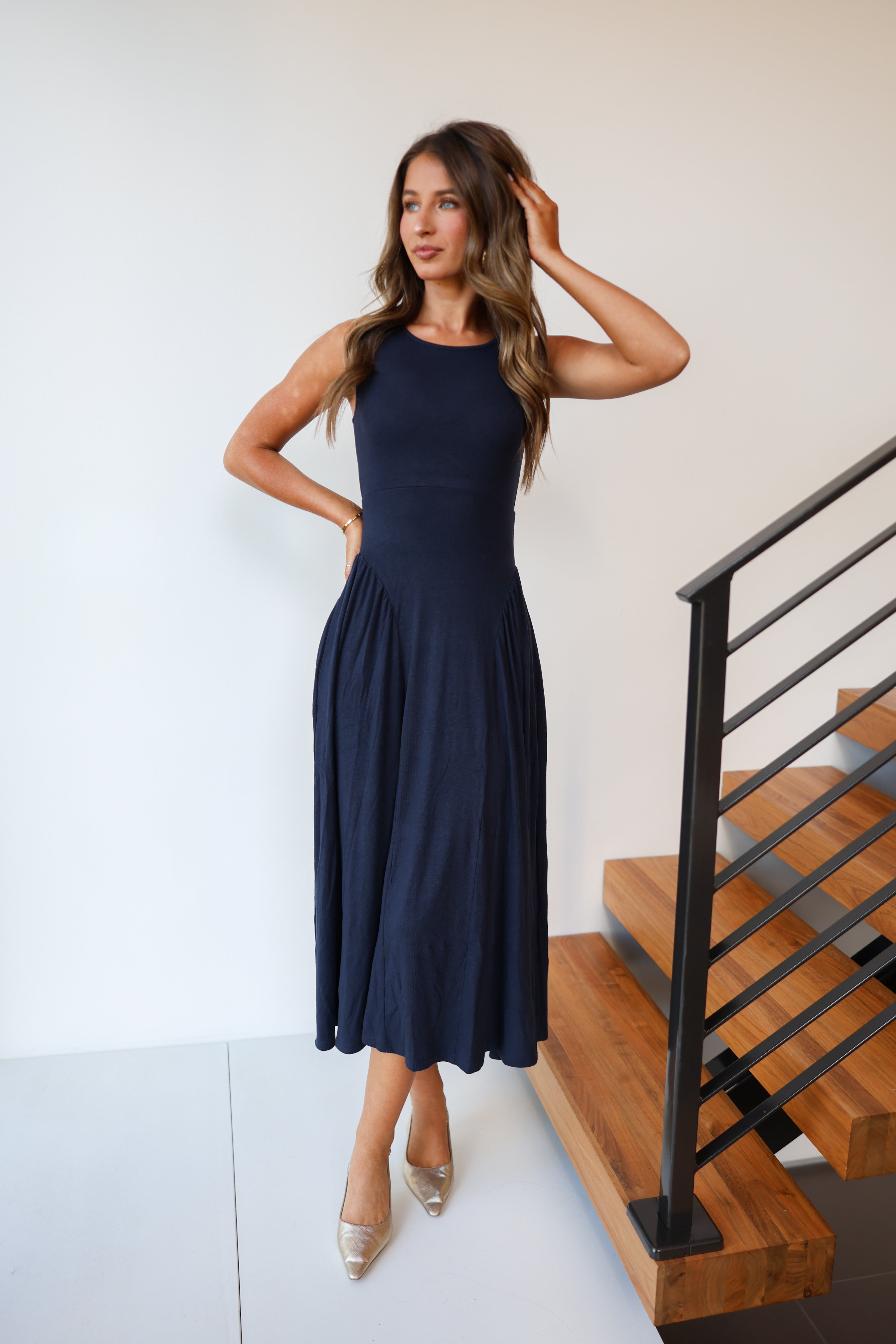 Aislinn Rib Knit Pleated Maxi Dress - Navy