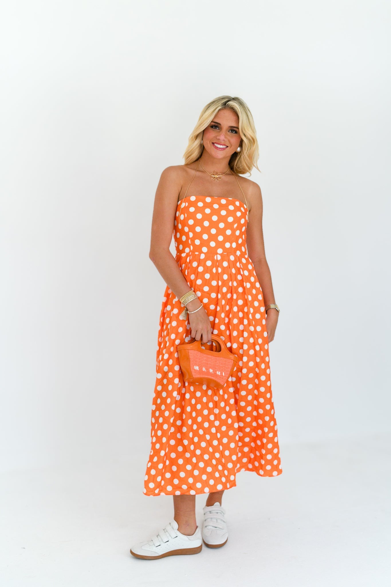 Amaya Strapless Polka Dot Midi Dress - Orange