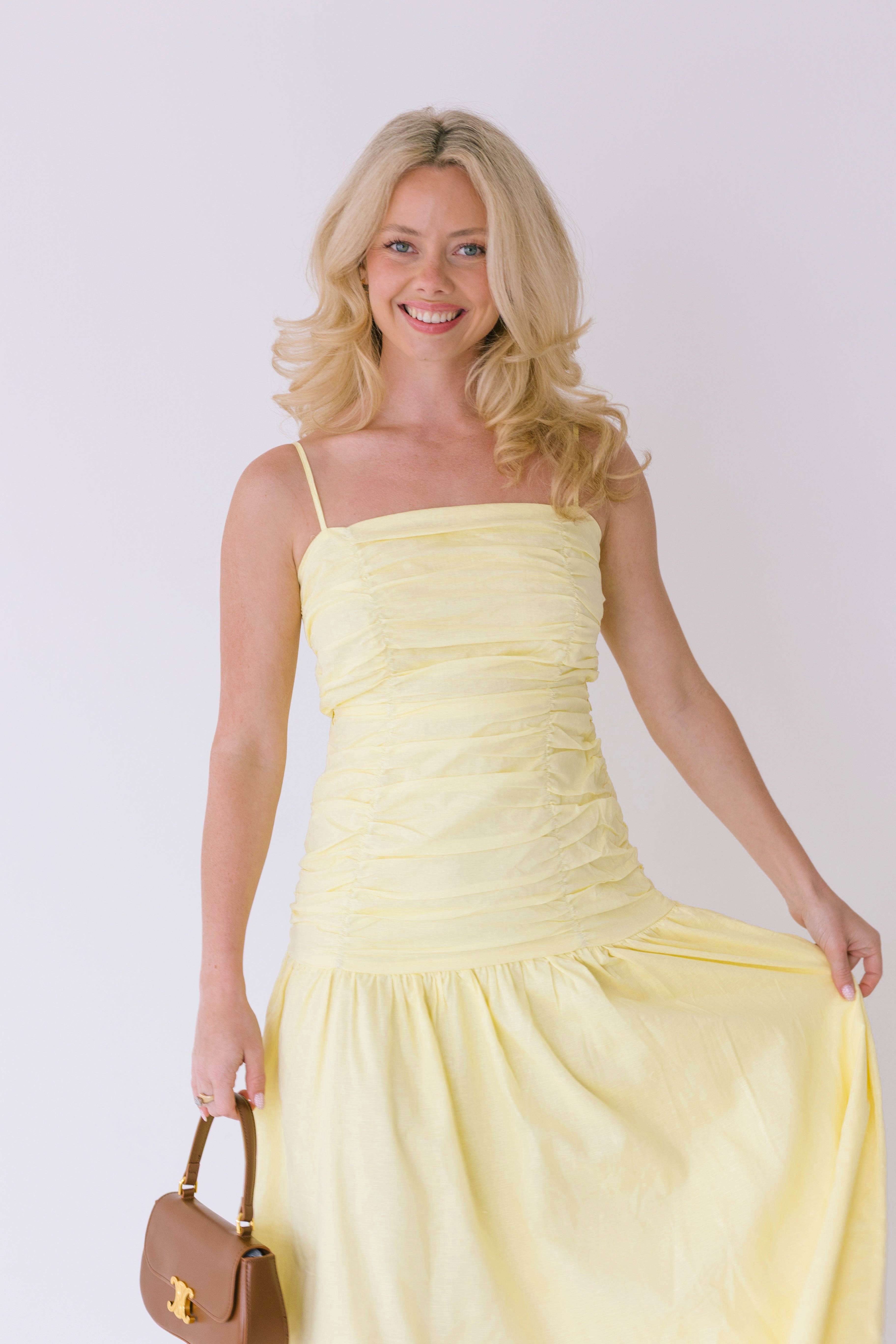 Verity Ruched Linen Maxi Dress - Yellow