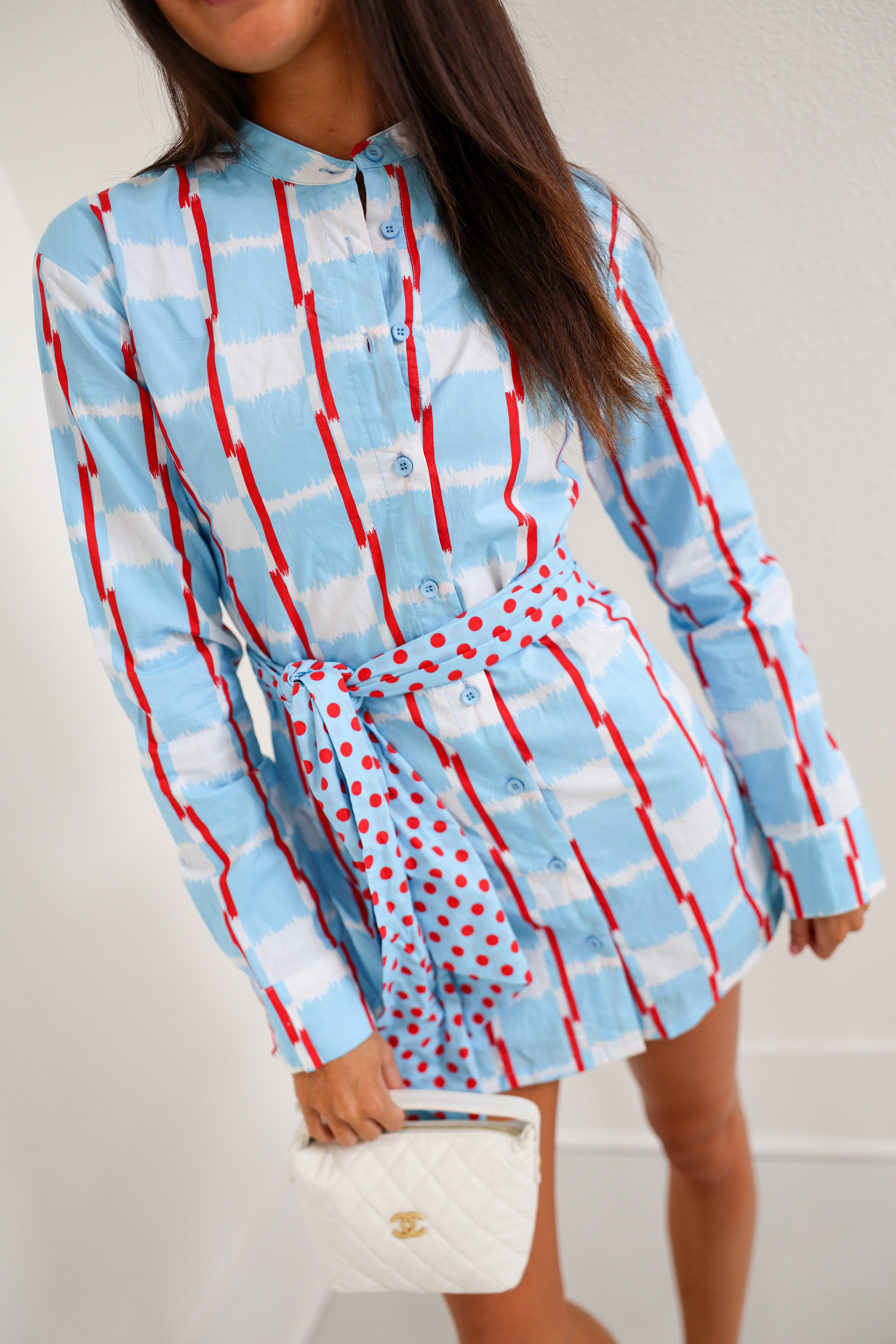 Mallie Multi Button Tie Mini Dress - Powder Blue/Red