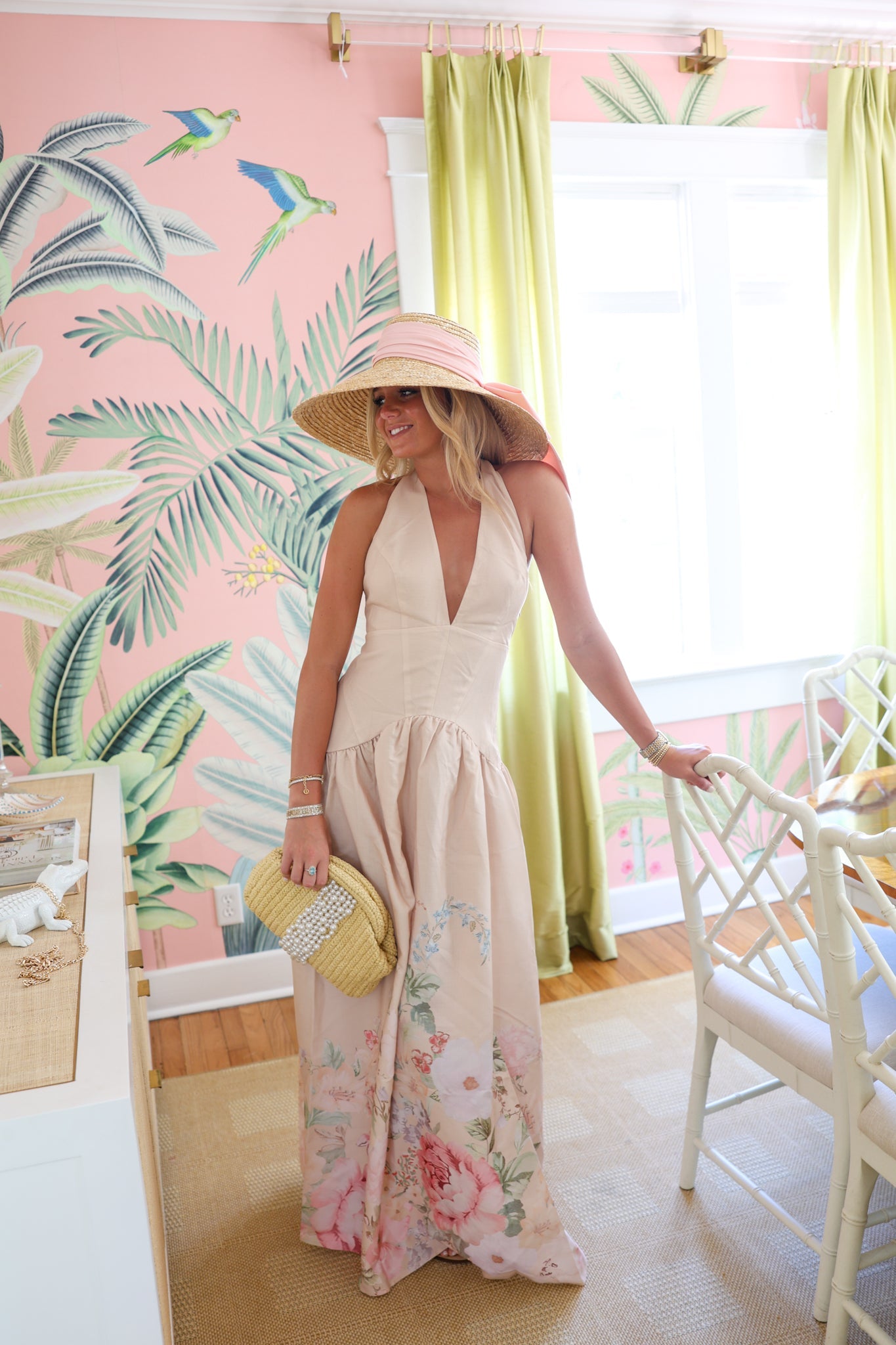 Rose Print Halter Maxi Dress - Tearose