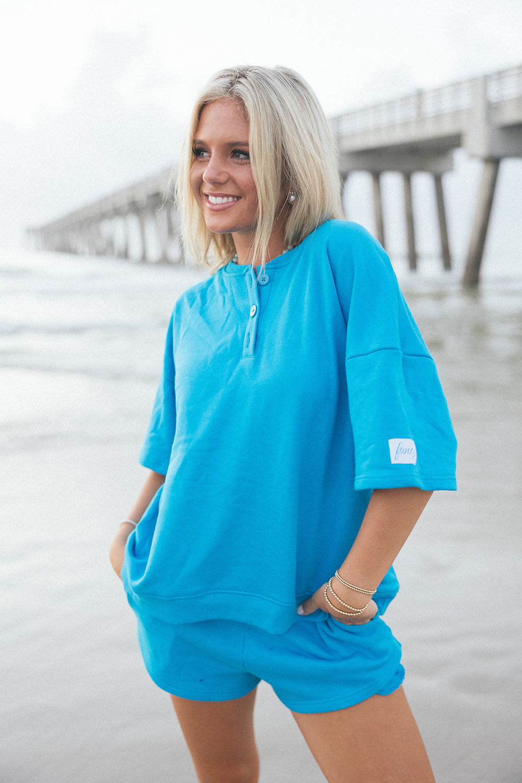 Fancy Half Button Short Sleeve Terry Top