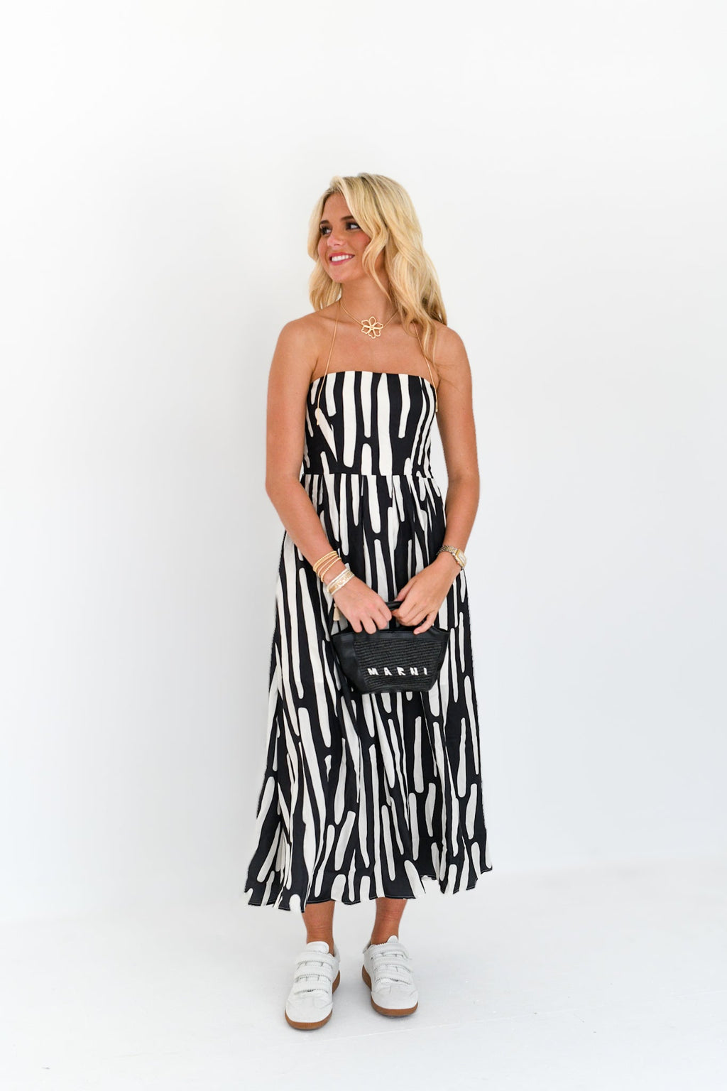 Lainey Strapless Abstract Midi Dress - Black/Cream