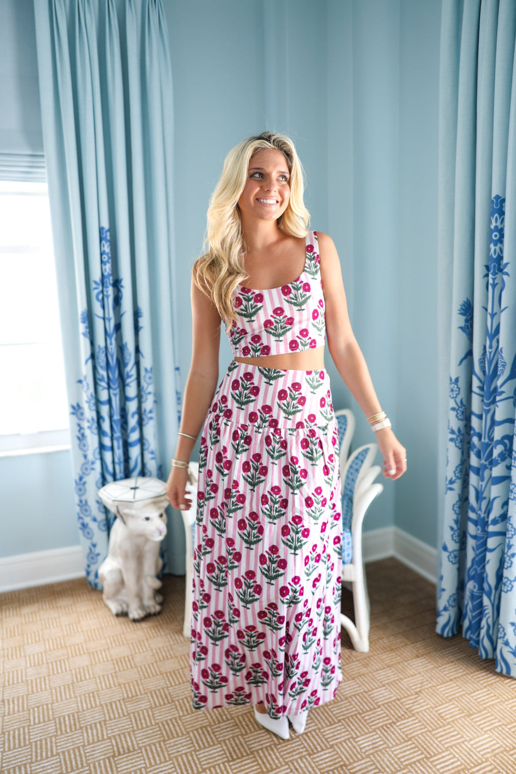 Maggie Maxi Skirt Set - Baby Pink Striped Blockprint