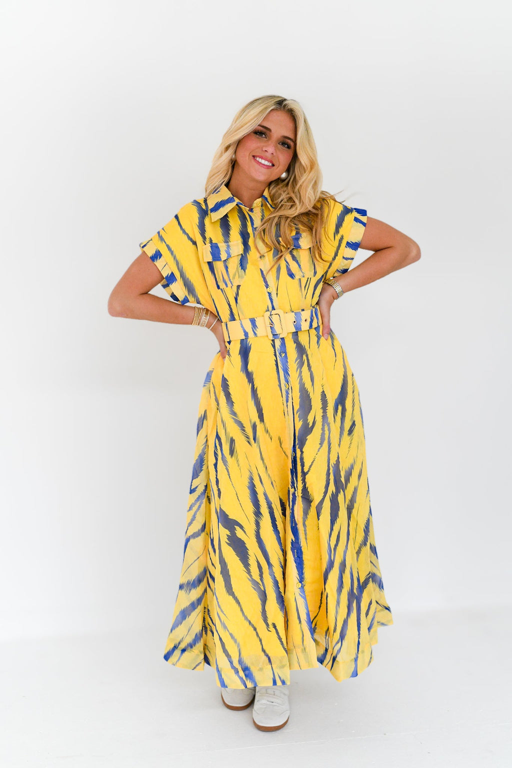 Emme Zebra Print Belted Midi Dress - Yellow/Blue Multi